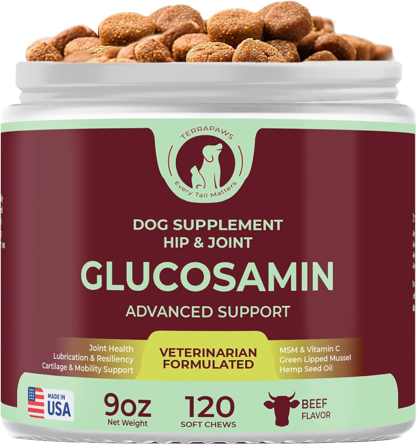 Hip & Joint Supplement for Dogs – Mobility Support with Glucosamine, Chondroitin, MSM, Turmeric, Mussel, Hemp Dog Joint Pain Relief – 120 Soft Chews for Large, Medium, Small Dogs Breeds– Beef Flavor