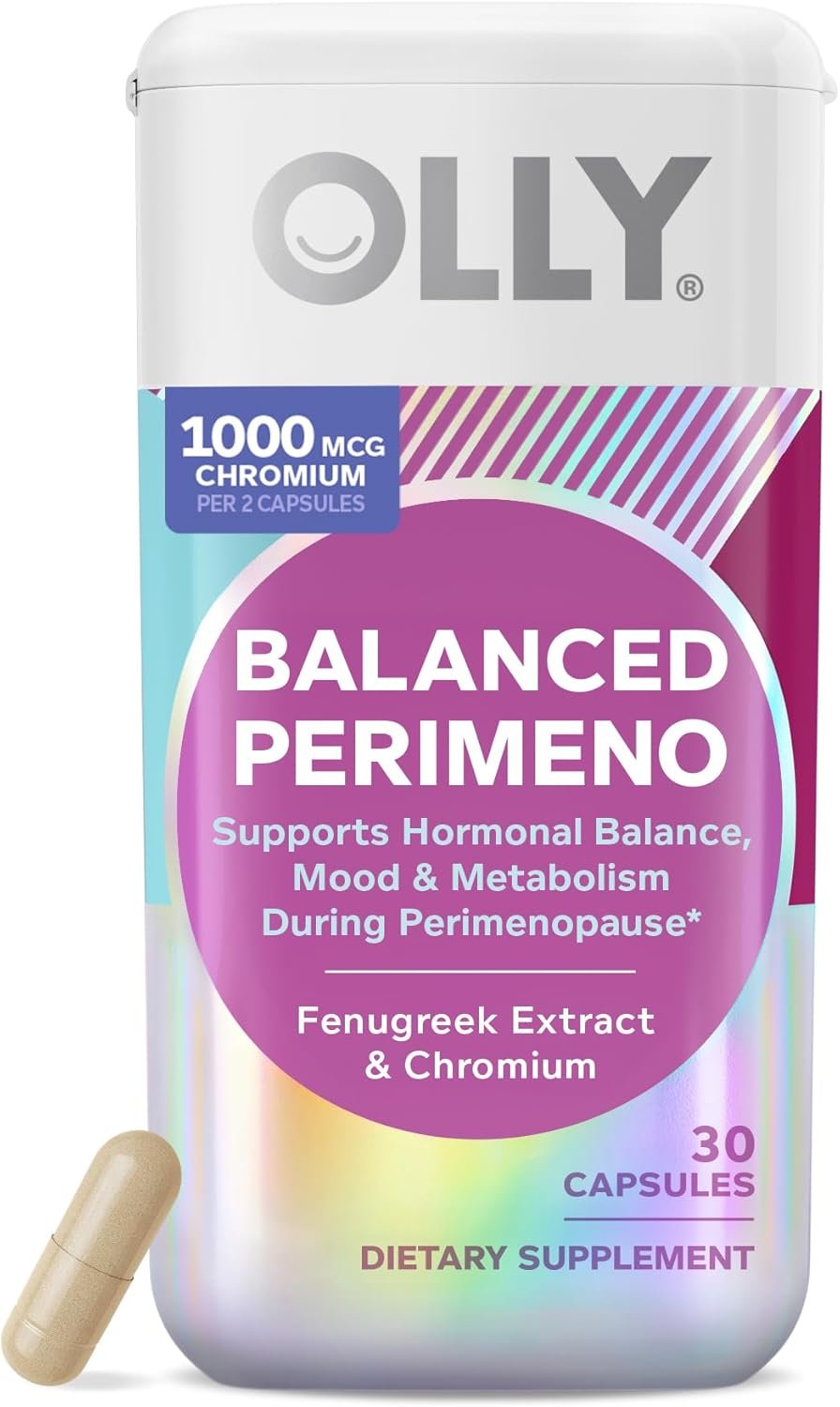 OLLY Balanced Perimeno Capsules, Supports Hormonal Balance, Mood & Metabolism During Perimenopause,* Fenugreek Extract, Chromium, 30 Day Supply – 30 Count