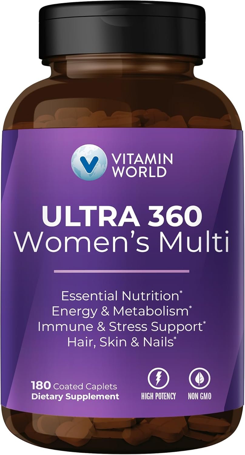 Vitamin World Ultra 360 Multivitamin for Women, Women’s Multivitamin with Herbs & Collagen for Hair, Skin & Nails, Supplement with Iron, Vitamin A, B, C, D, E for Energy & Immune Support, 180 Caplets