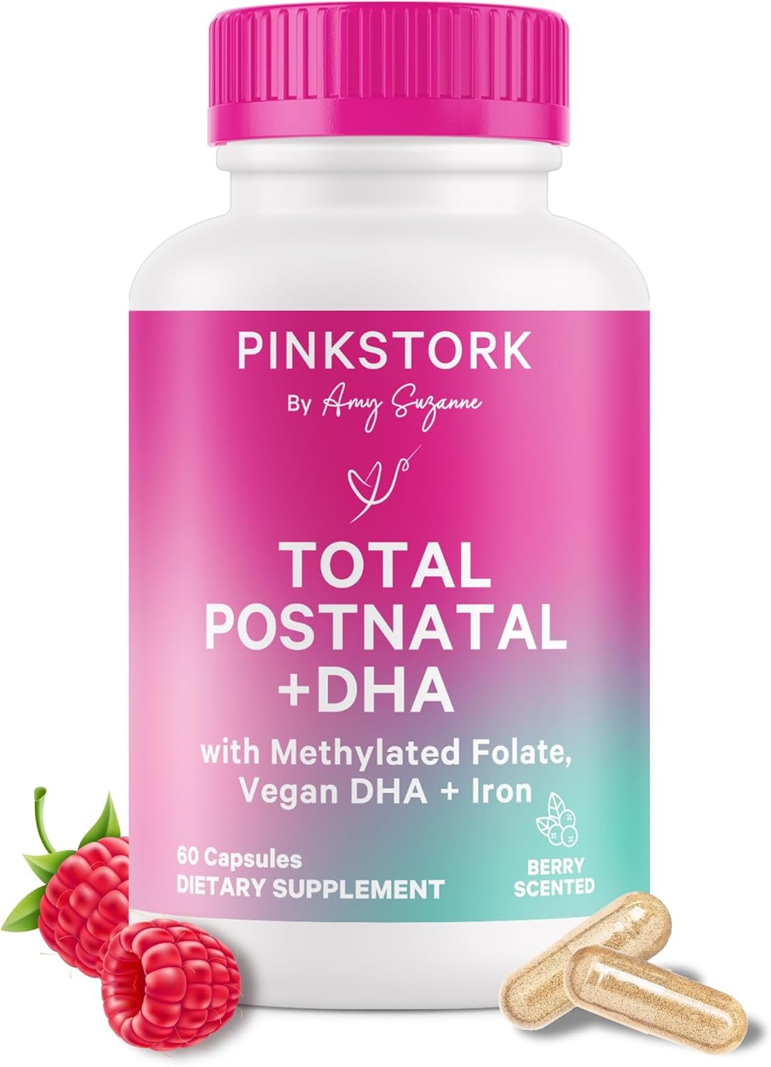 Pink Stork Total Postnatal Vitamins for Women with Vegan DHA, Iron, Folate, and Vitamin B12, Postpartum Recovery Essentials, Daily Supplement for Breastfeeding Moms – 1 Month Supply