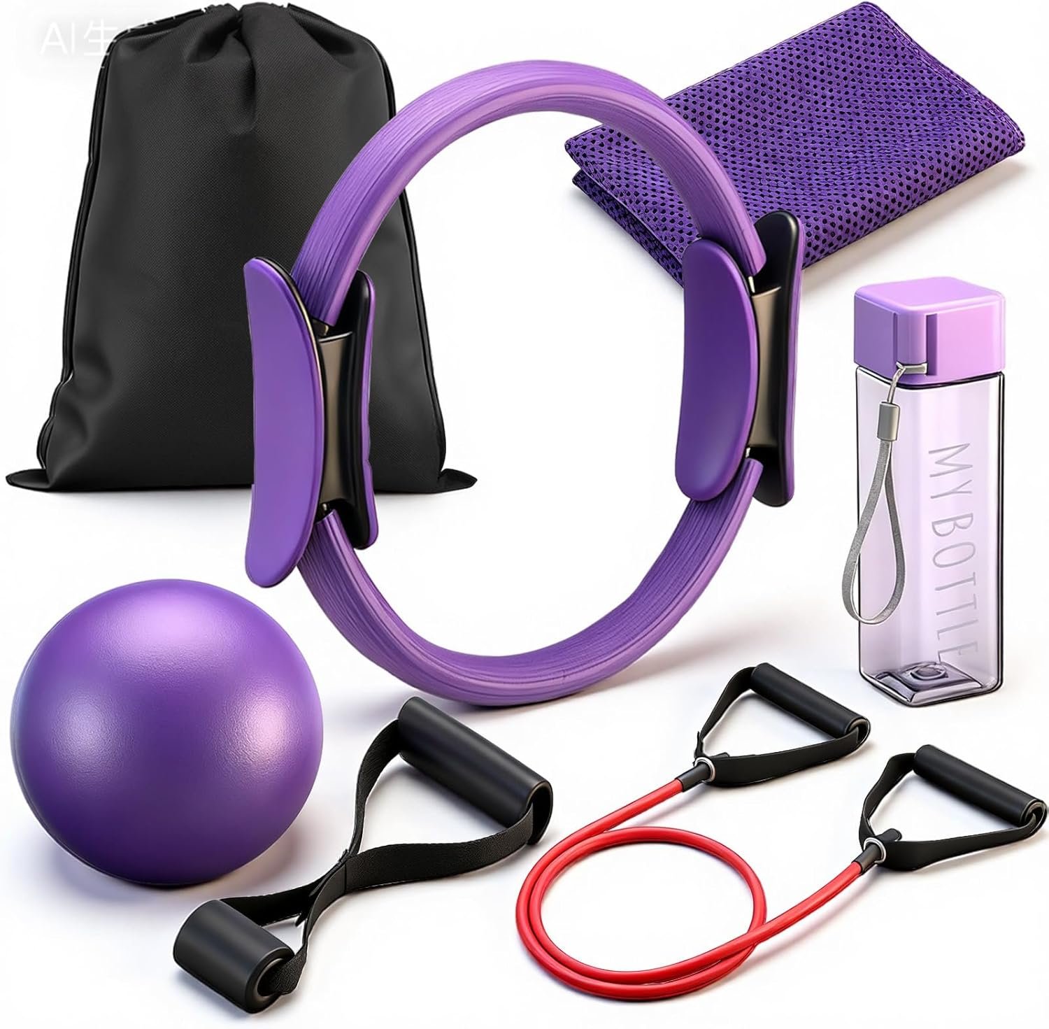 Soulchen 7pcs Pilates Ring Essentials Set for Women Pilates Ring and Ball Kit for Home Workouts 10 Inch Yoga Ball, Resistance Bands, Cold Towel & Bottle, Exercise Accessories Gifts for Women Beginners