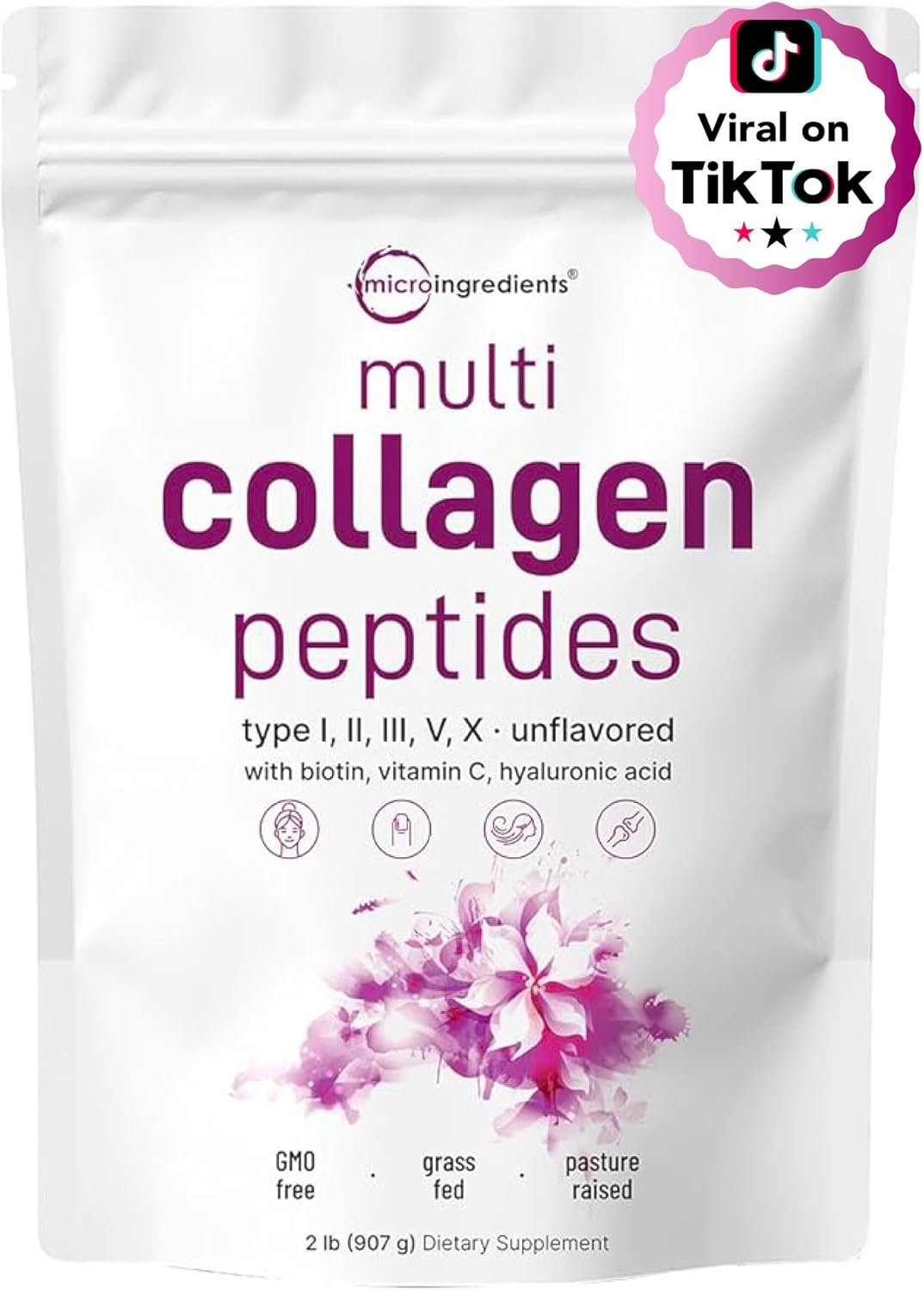 Micro Ingredients Multi Collagen Peptides Powder, 2 Pounds | Full Spectrum Type I, II, III, V, X + Biotin, Hyaluronic Acid, & Vitamin C | Unflavored | Keto & Paleo Friendly | Non-GMO