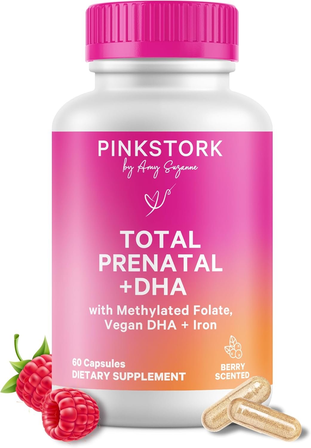 Pink Stork Total Prenatal Vitamins with DHA, Folate, Iron, Choline, and Vitamin B12 – Prenatals for Women to Support Fetal Development, Pregnancy Essentials, Berry Essence, 60 Capsules, 1 Month Supply