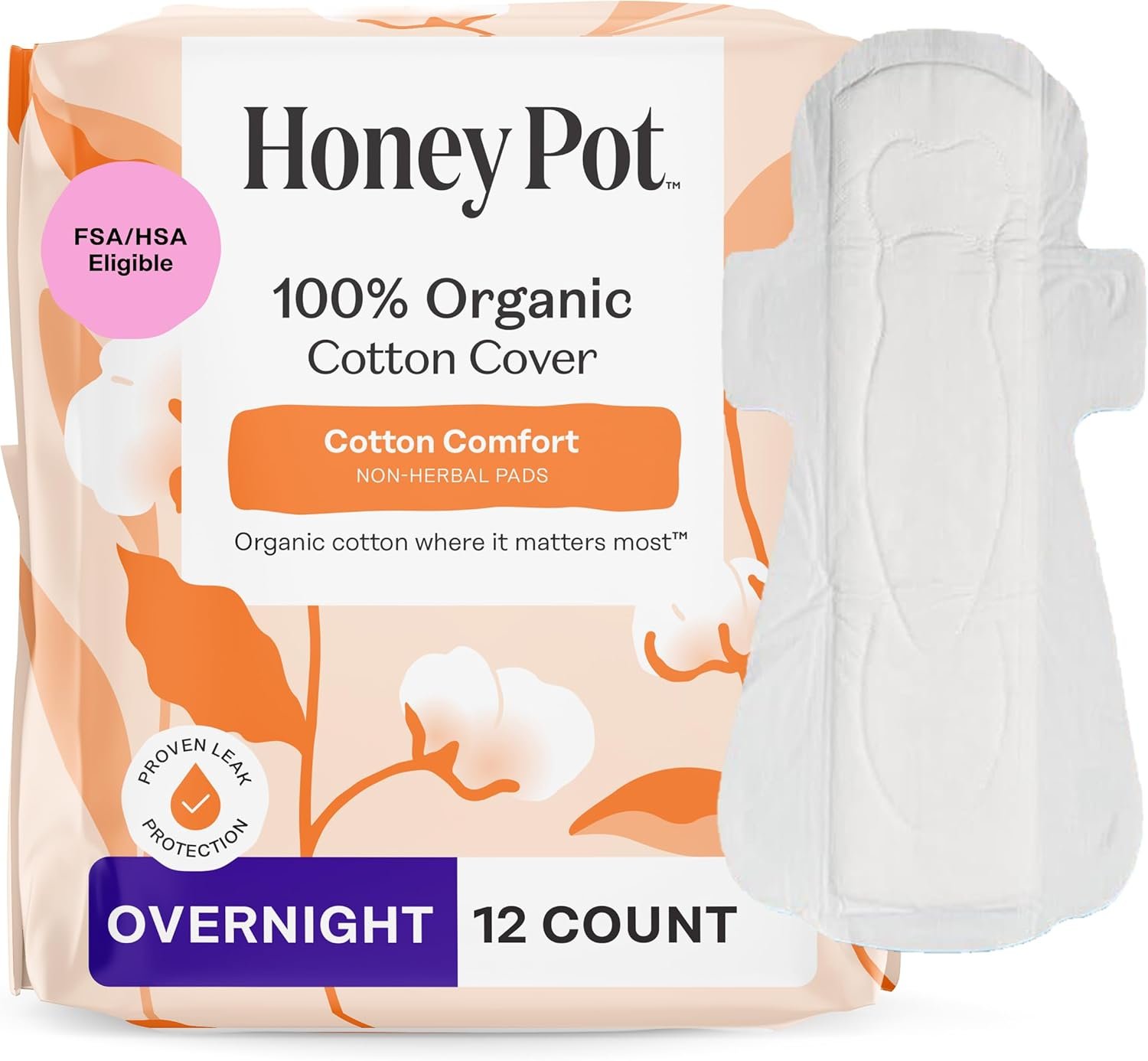 The Honey Pot Company – Sanitary Pads for Women – Non-Herbal Overnight w/Wings – Organic Cotton Cover, & Ultra-Absorbent Pulp Core – Feminine Care – 12 ct