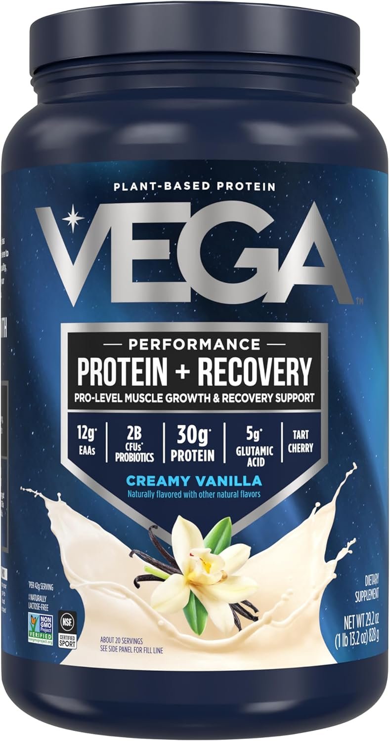 Vega Sport Vegan Protein Powder + Recovery – 30g Plant Based Protein per Serving, Vanilla, 20 Servings, 5g BCAAs, Probiotics, NSF Certified, for Shakes & Smoothies, 1.8lbs (Packaging May Vary)