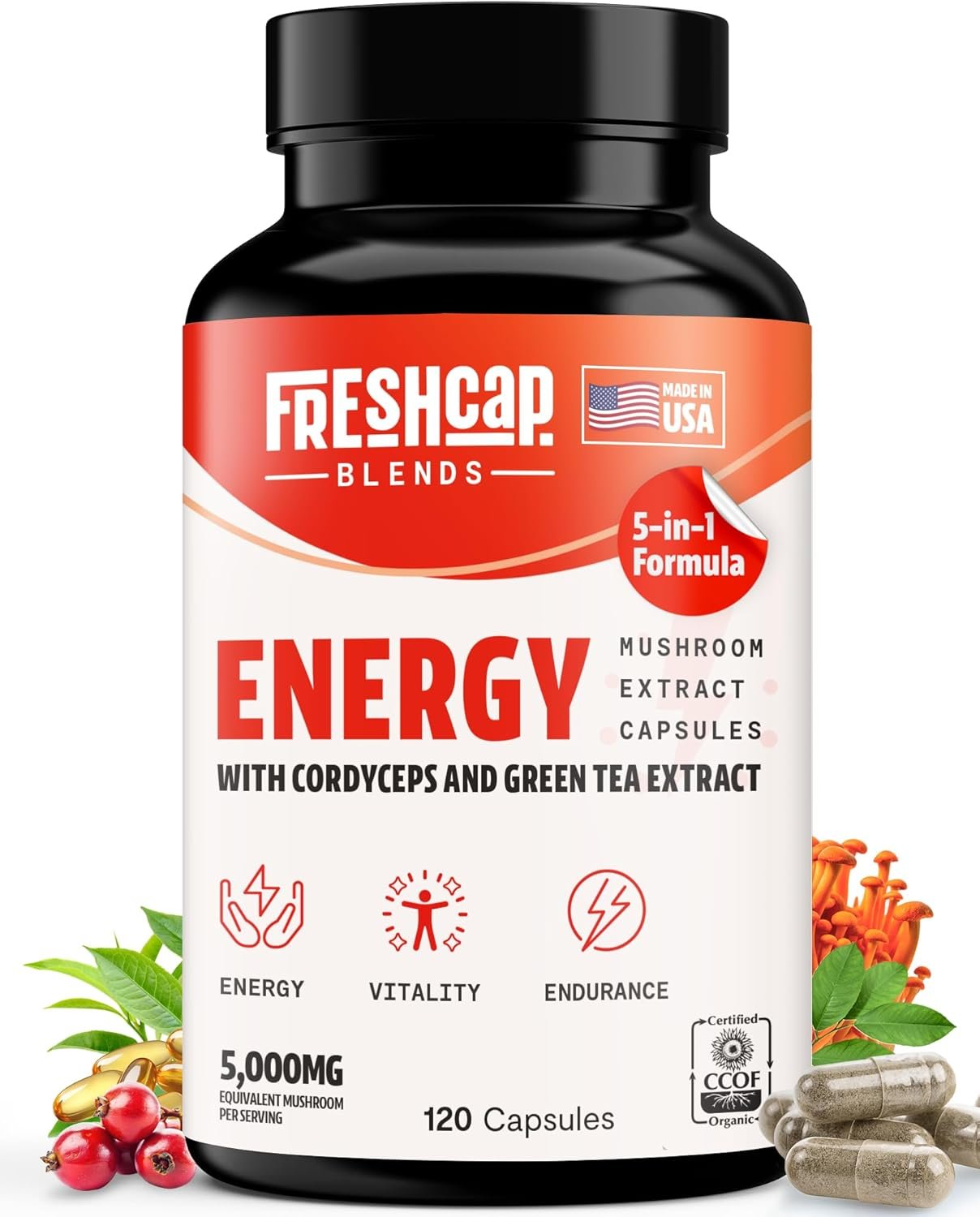 FreshCap 5-in-1 Energy Supplements, Energy Supplements for Women and Men, Energy Boosters for Fatigue, Energy Support, Cordyceps Extract, Ayurveda Cordyceps Mushroom Blend Capsules (120 Capsules)