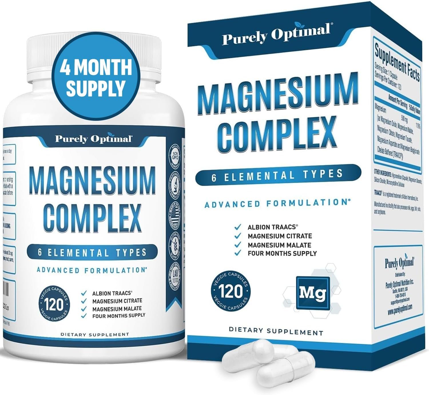 Purely Optimal Magnesium Complex – 6 Forms Magnesium Glycinate, Citrate & Malate – Sleep Support, Stress Relief, Muscles, Heart Health & Relaxation – Magnesium Supplement for Women & Men, 120 Caps