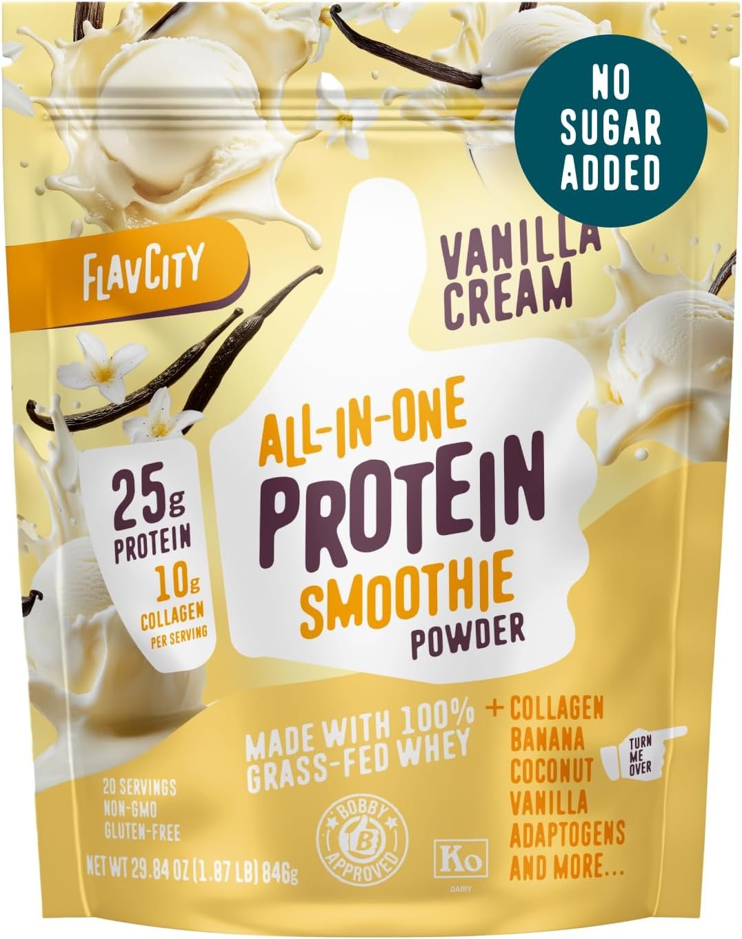 FlavCity Grass Fed Whey Protein Powder – Vanilla Smoothie – 25g Protein & 10g Collagen – Made with Real Vanilla Bean & Organic Coconut Milk – Gluten Free & No Added Sugars (20 Servings)