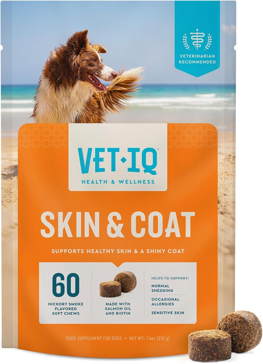 VetIQ Skin and Coat Supplement for Dogs, Helps Maintain Healthy Skin and Shiny Coat, Hickory Smoke Flavor Dog Chew, Made in The USA, 60 Count