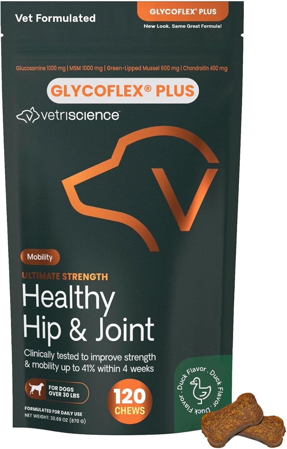 VetriScience Ultimate Strength Healthy Hip & Joint Chews, GlycoFlex Glucosamine, Chondroitin and Green-Lipped Mussel Joint Support Supplement for Dogs, Soothe Joint Discomfort, Duck, 120 Count