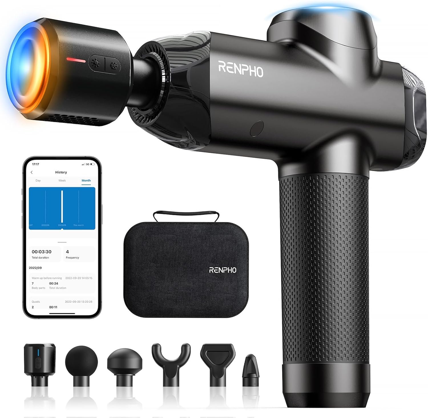 RENPHO Massage Gun Deep Tissue with Heat and Cold, Percussion Muscle Massage Gun with 12mm Amplitude, Handheld Back Massager Gun for Athletes, Gifts for Men Women, Grey