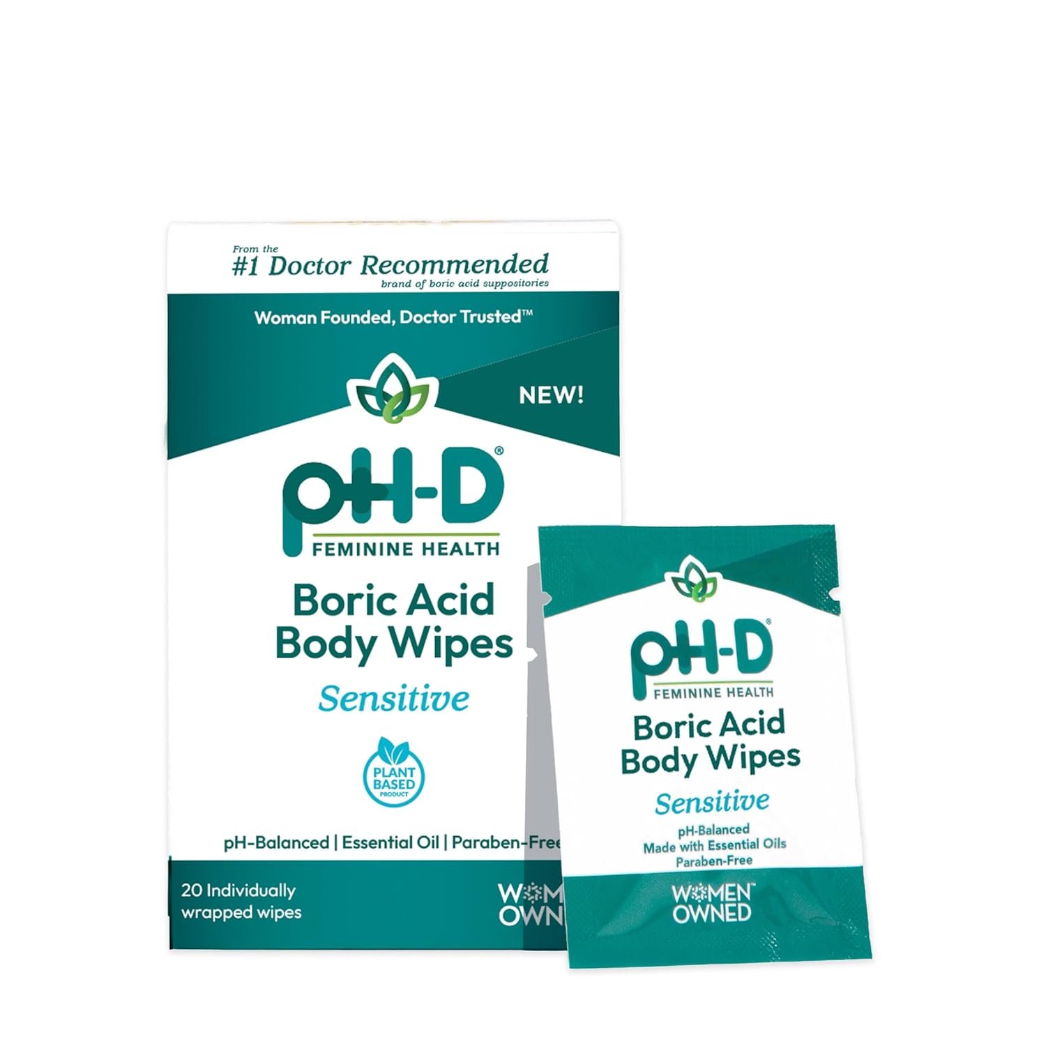 pH-D Feminine Health Support – Boric Acid Wipes – Holistic Body Wipes – Travel Friendly, pH-Balanced, Paraben-Free, and Made with Essential Oils – Sensitive – 20 count