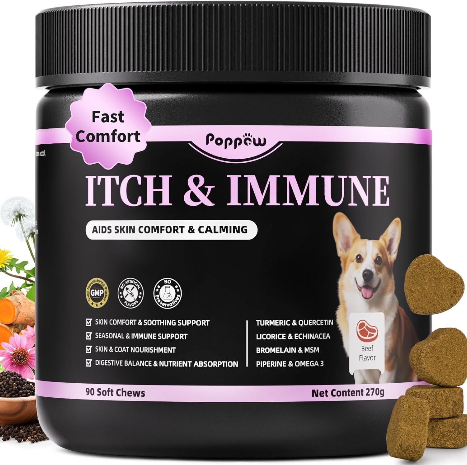 Itch Relief for Dogs – Turmeric Supplements for Itching Skin Comfort & Coat Health & Seasonal Allergy Care, Immune Support Supplement with Omega-3 Fish Oil, Biotin – Beef Flavor – 90 Count