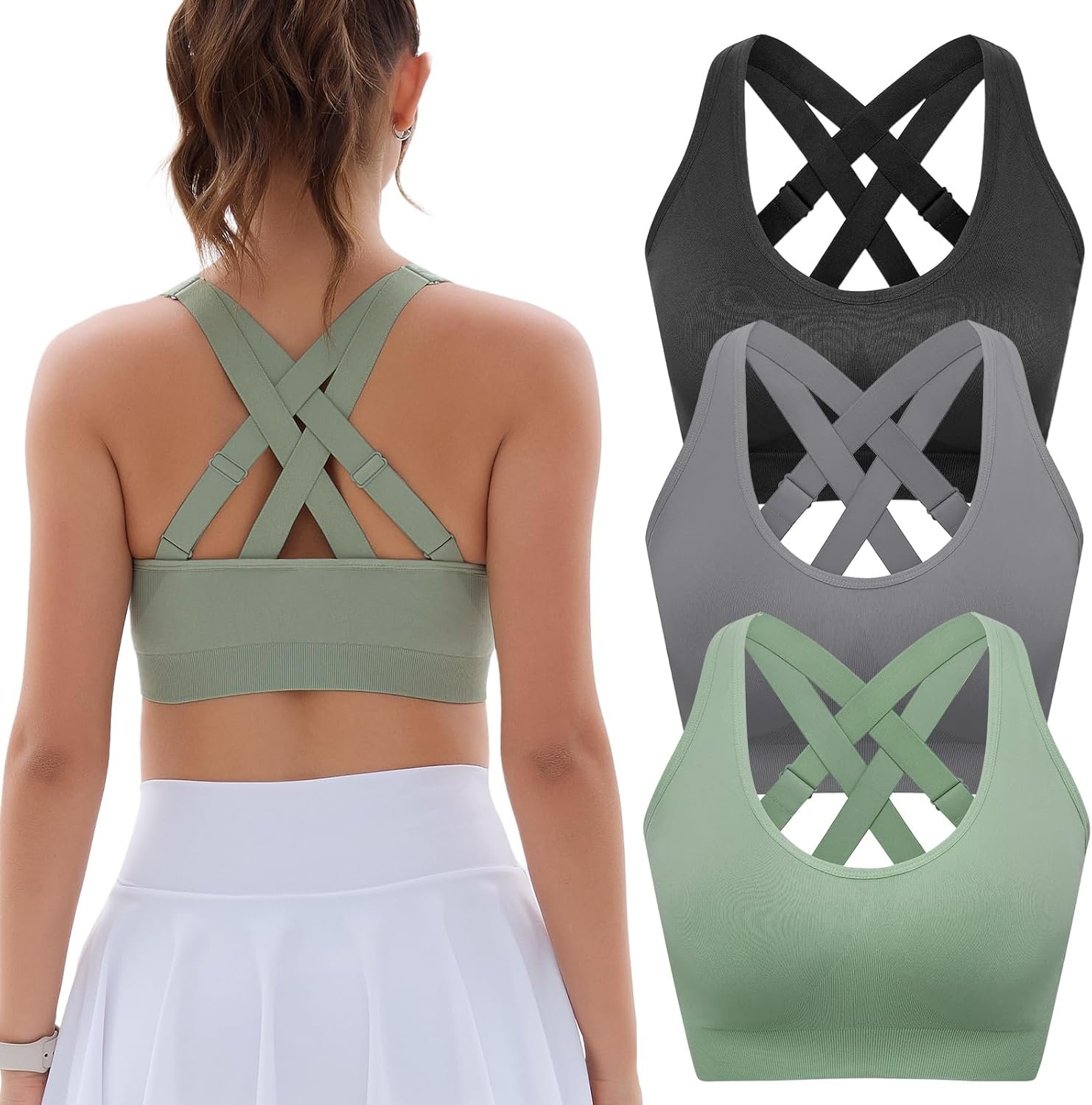 FITTIN Padded Sports Bras for Women: Support Strappy Adjustable Straps Cross Back Sport Bra Pack for Workout Yoga Running Gym