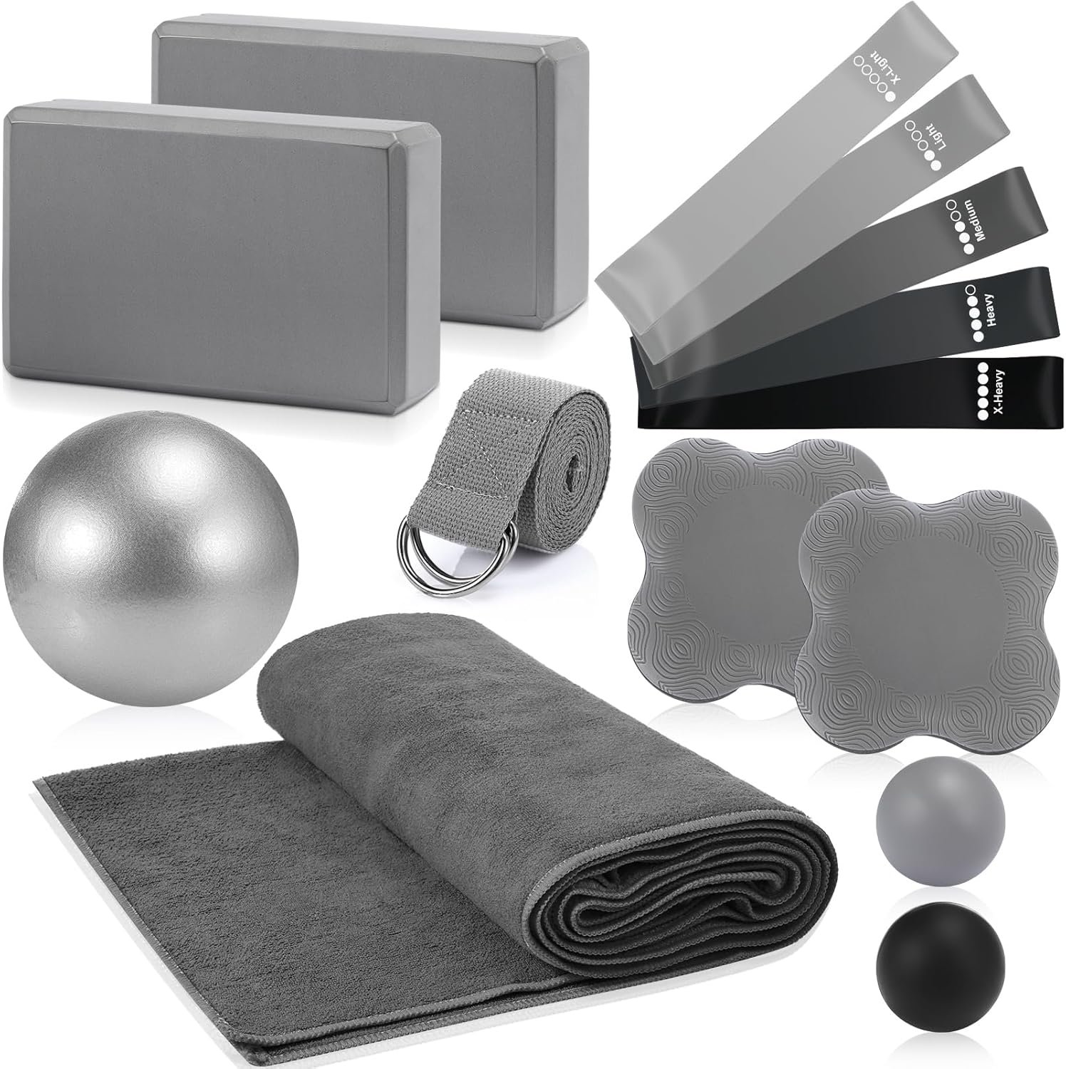 14 Pcs Yoga Kits for Home Workouts Pilates Equipment Set for Women Beginners Include Hot Yoga Towel Blocks Strap, Knee Pad, Resistance Loop Exercise Band, Massage Lacrosse Ball, Pilates Ball