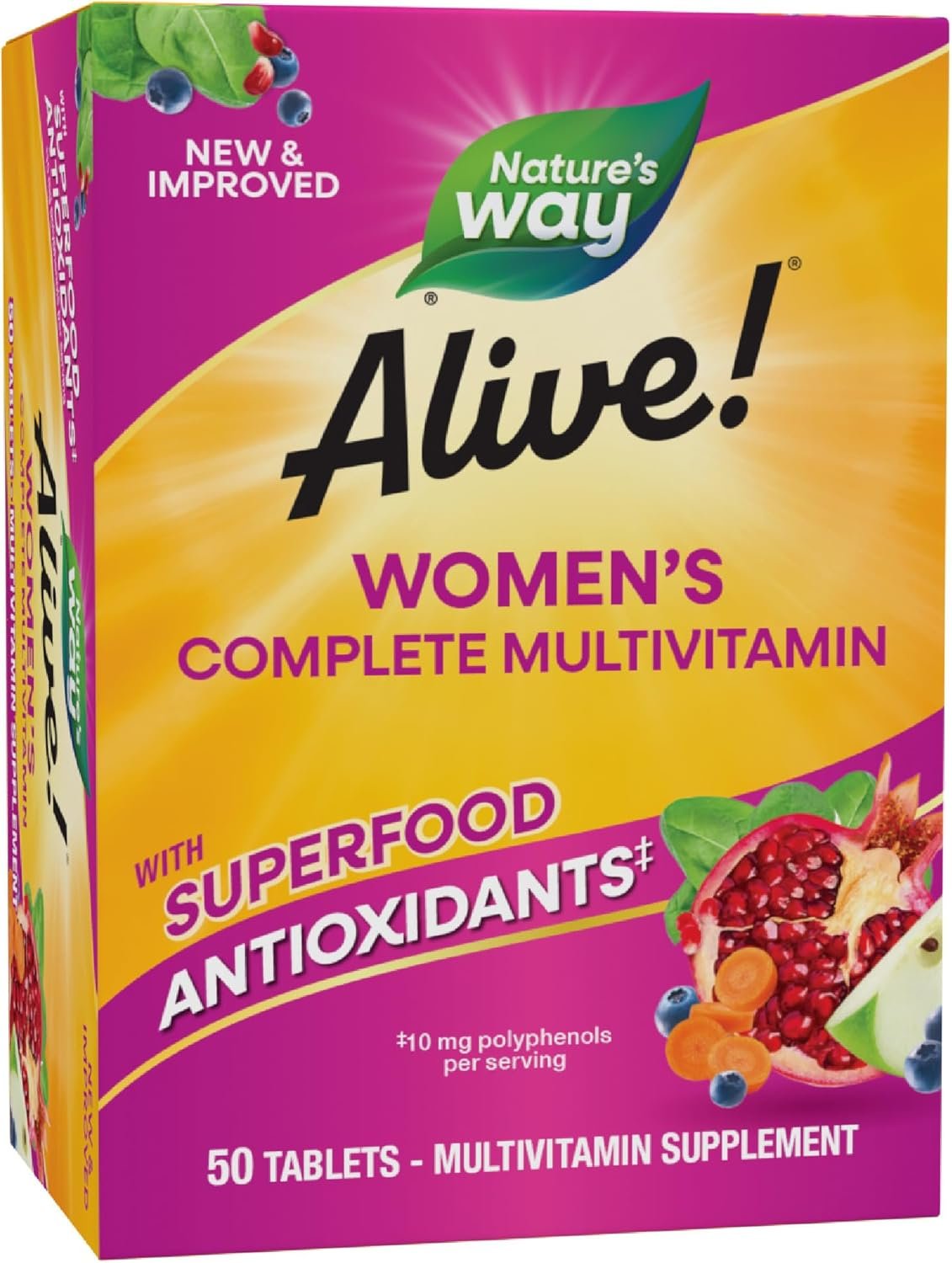 Nature’s Way Alive! Daily Complete Multivitamin for Women, Supports Energy Metabolism, Hair, Skin & Nails*, B-Vitamins, Superfood Antioxidants, 50 Tablets (Packaging May Vary)