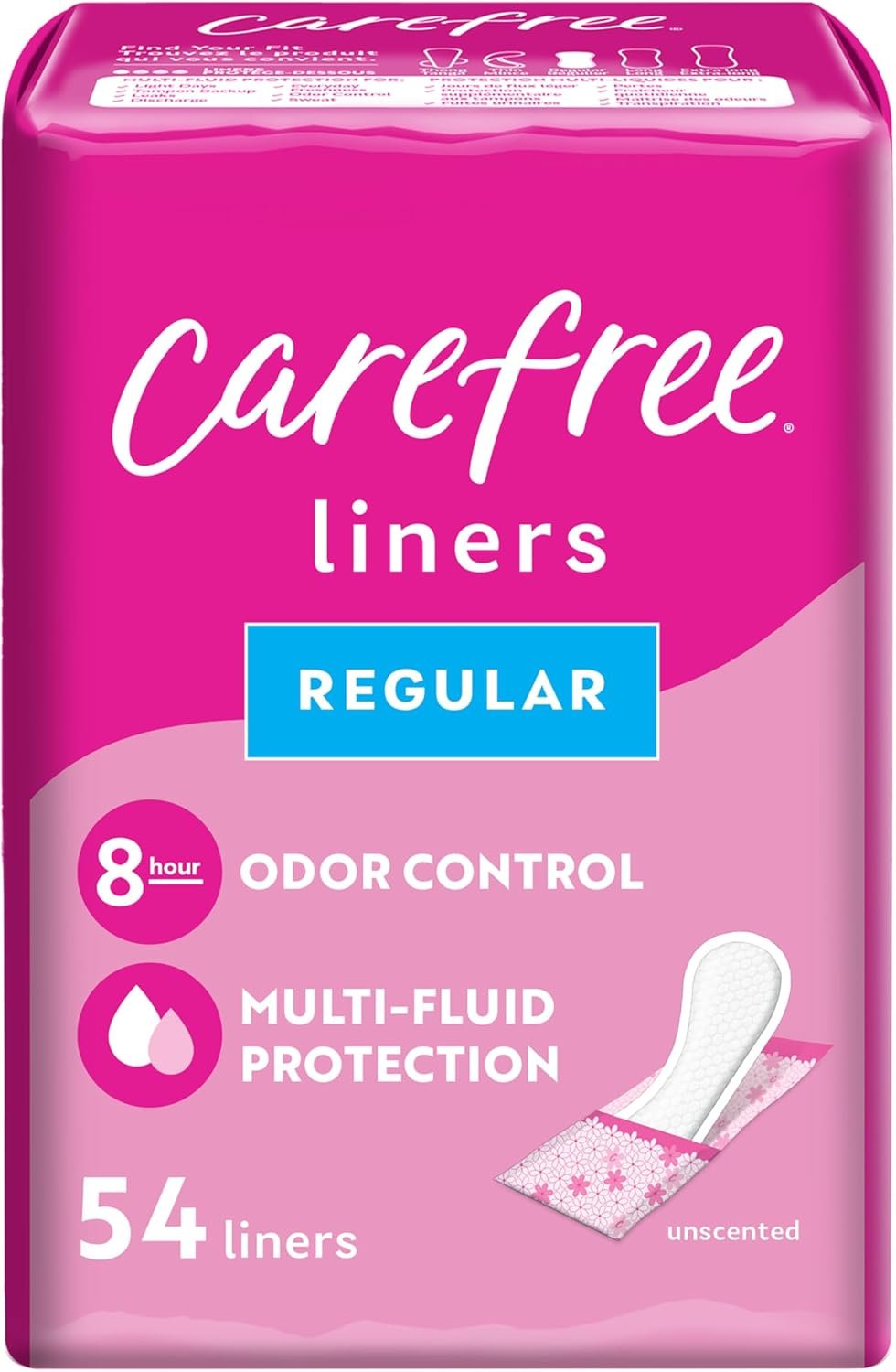 Carefree Panty Liners for Women, Regular, Wrapped, Unscented, 54ct | Pantiliners, Carefree Liners, Daily Liners for Women, Light Periods and Leaks, 8-Hour Odor Control | 54ct (Packaging May Vary)