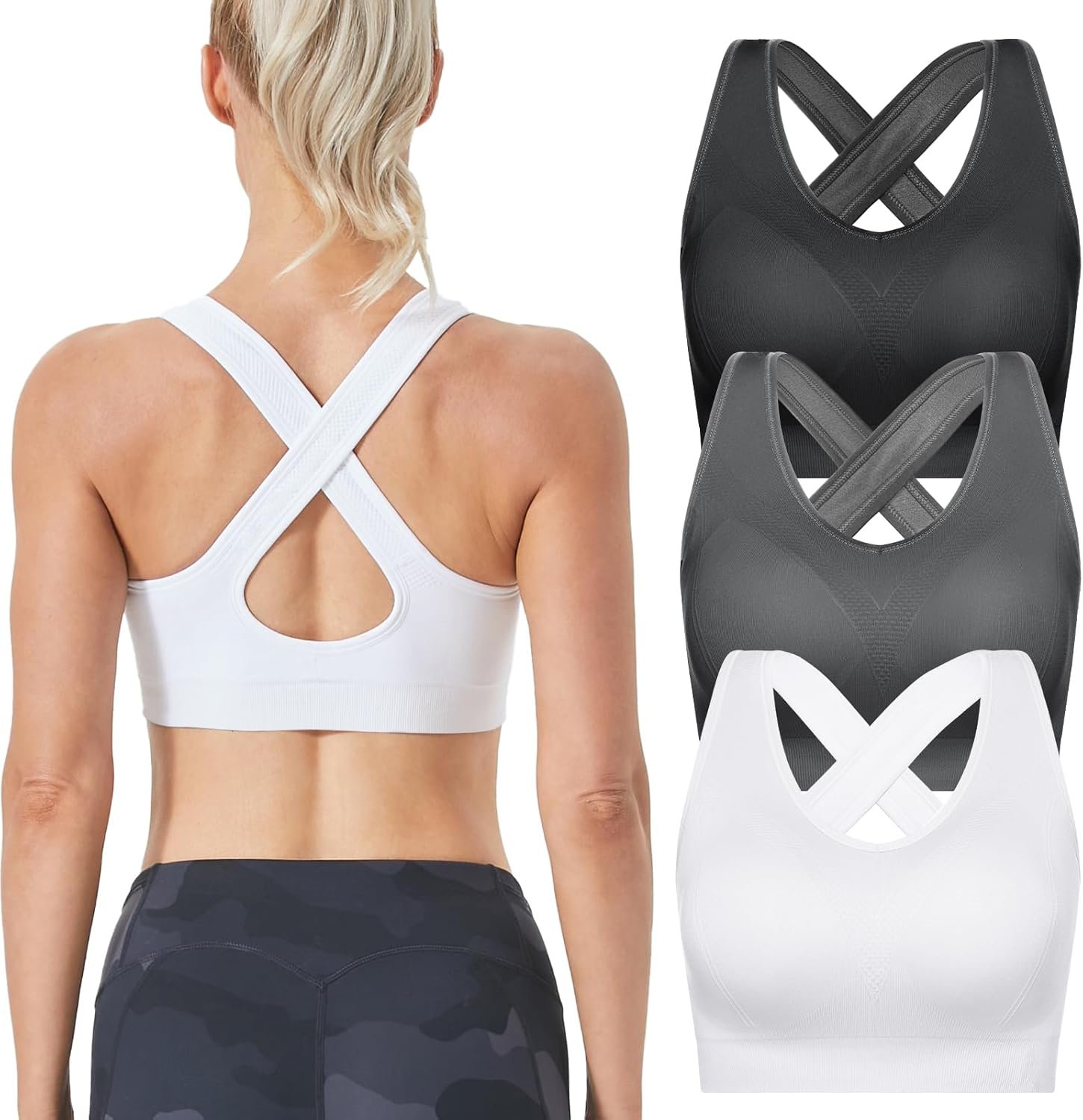 FITTIN Sports Bras Pack for Women – Padded Cross Back Support Seamless Strap Bra for Workout Fitness Gym Yoga Large Bust