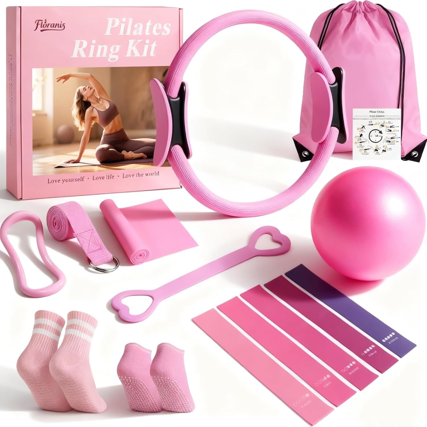 Home Pilates Essentials Kit for Women Pink Ring and Ball Pilates Set Equipment, Magic Circle with 5 Resistance Bands Premium Accessories Kits for Starter Toning Workouts at Home