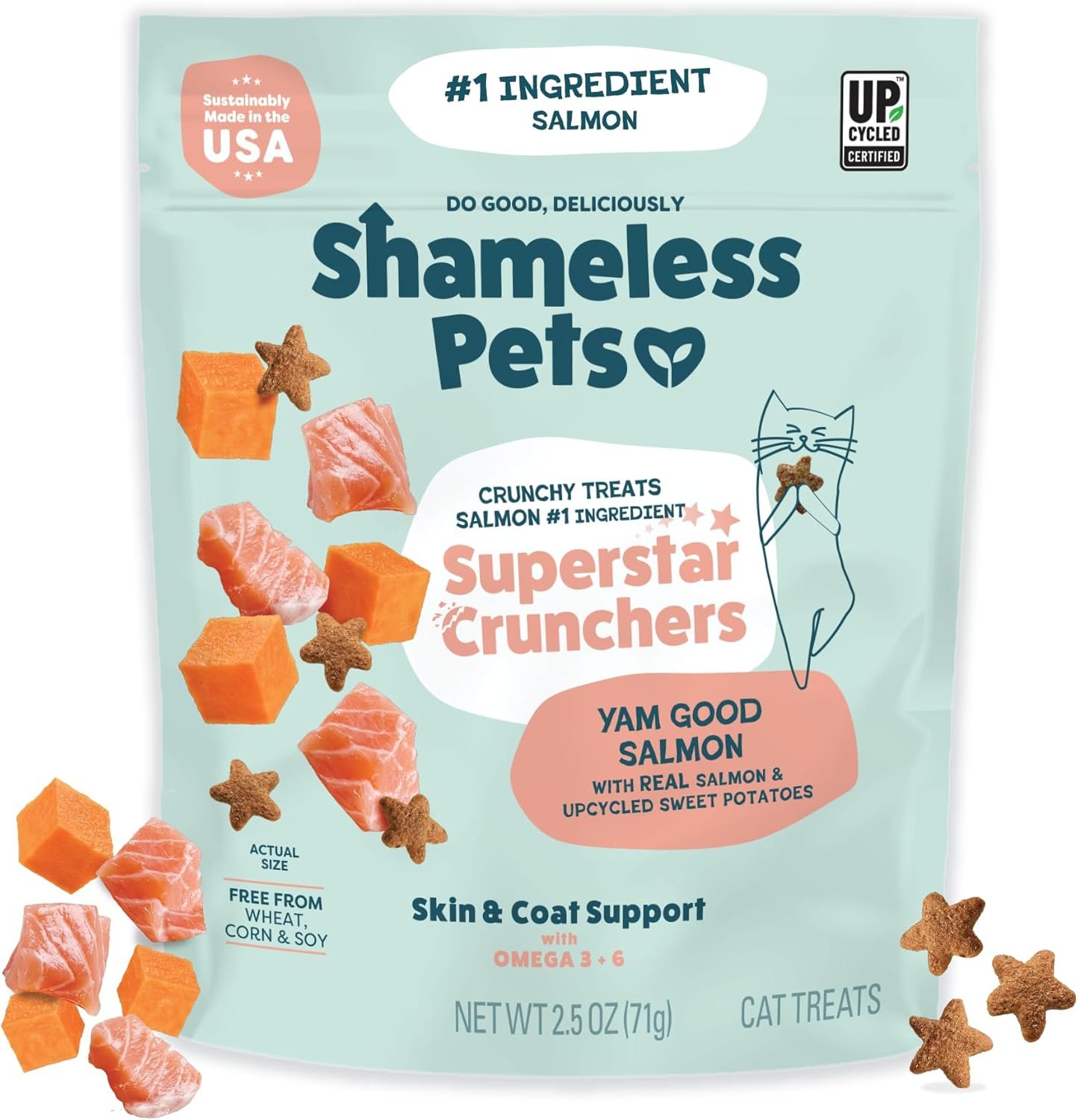 Shameless Pets Crunchy Cat Treats – Kitty Treats for Cats with Skin & Coat Support, Natural Ingredients Kitten Treats with Real Salmon, Healthy Flavored Feline Snacks – Yam Good Salmon, 1-Pk