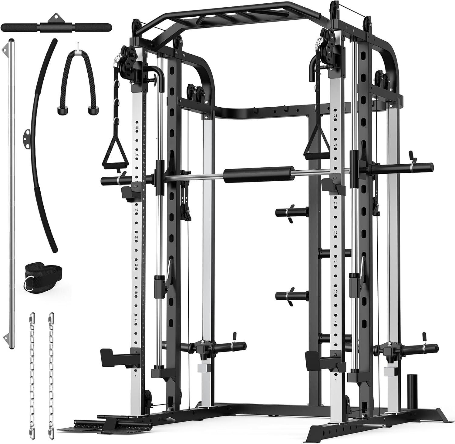 Smith Machine, Multifunctional Power Cage Rack with Smith Bar and Cable Pulley System, and LAT Pull Down Machine for Home Gym…