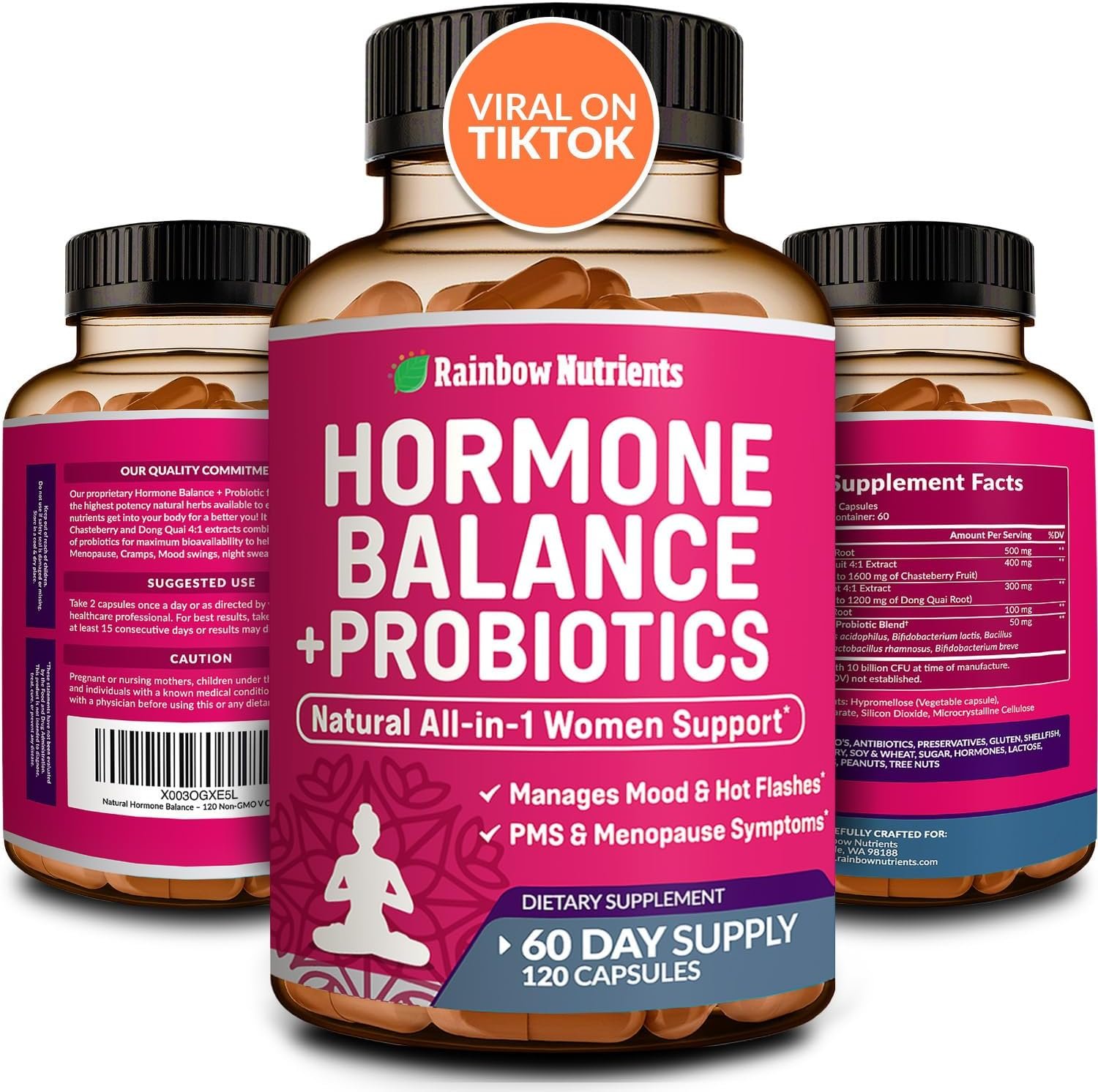 Hormone Balance + Probiotics for Women- Natural Menopause Relief, Weight Management, Bloating, Hot Flashes, PMS | Organic Maca, Chasteberry, Dong Quai & Black Cohosh | Non GMO |120 V Capsules