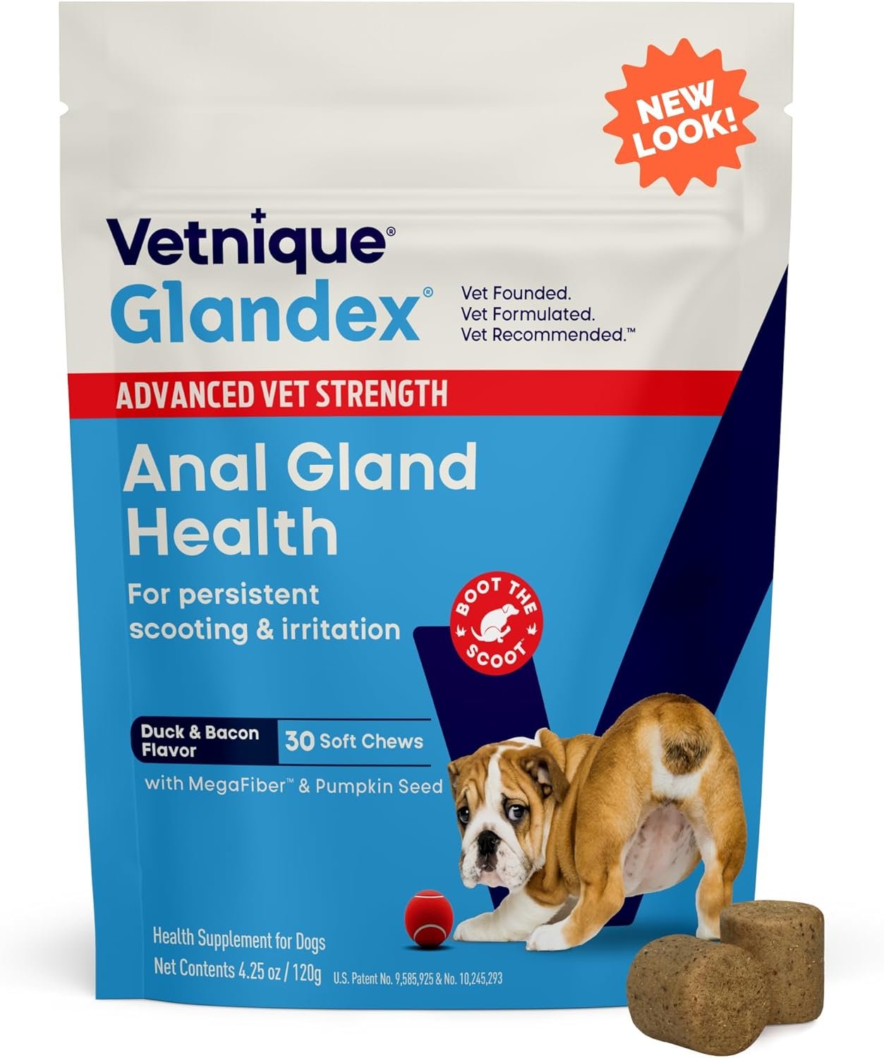 Vetnique Glandex Anal Gland Health Soft Chew Treats with Pumpkin for Dogs Digestive Enzymes, Probiotics Fiber Supplement for Dogs Boot The Scoot (Advanced Strength Duck/Bacon Chews (Veg), 30 Count)