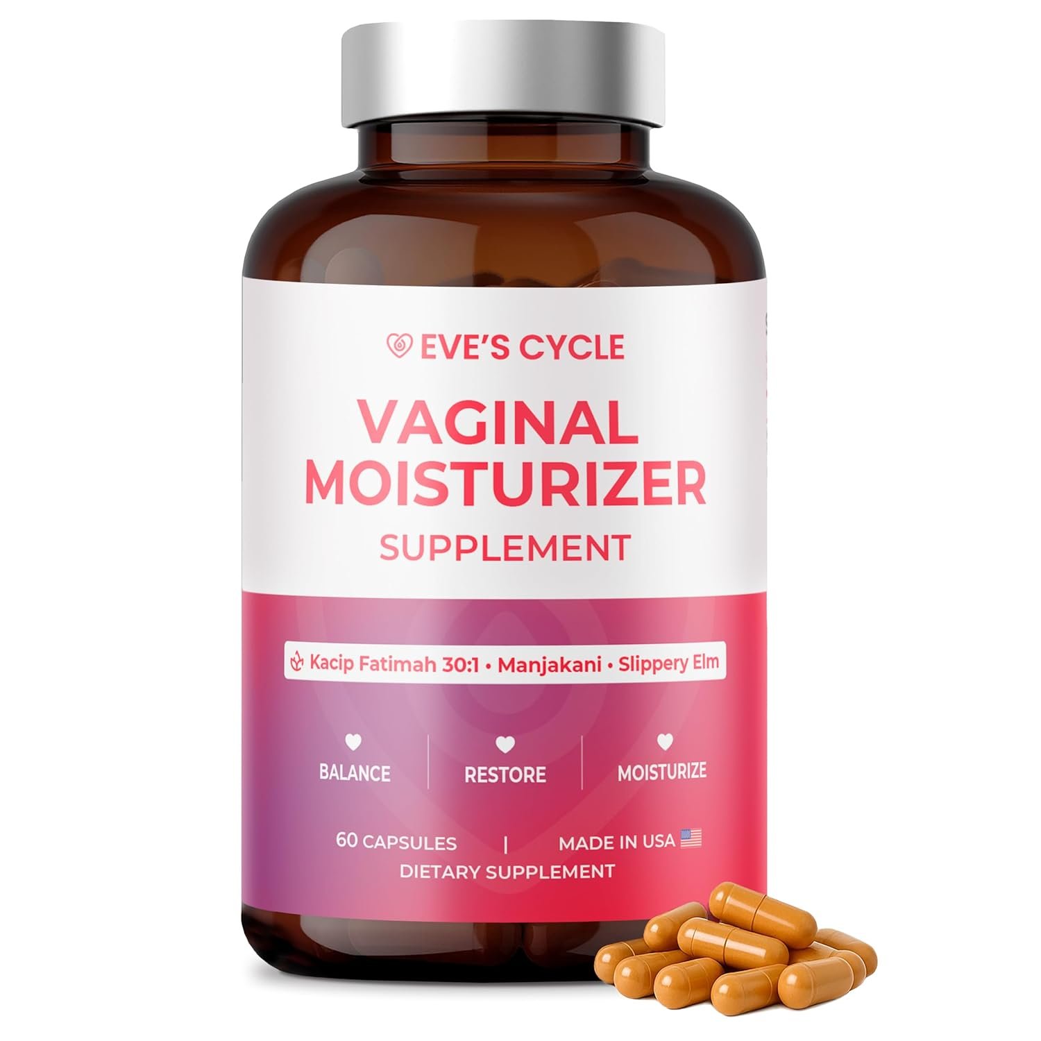 Eve’s Cycle Vaginal Moisturizer + Tightening Supplement – Slippery Elm for Women, Kacip Fatimah, Manjakani for Vaginal Dryness – 60 Vegan Capsules – Made in USA