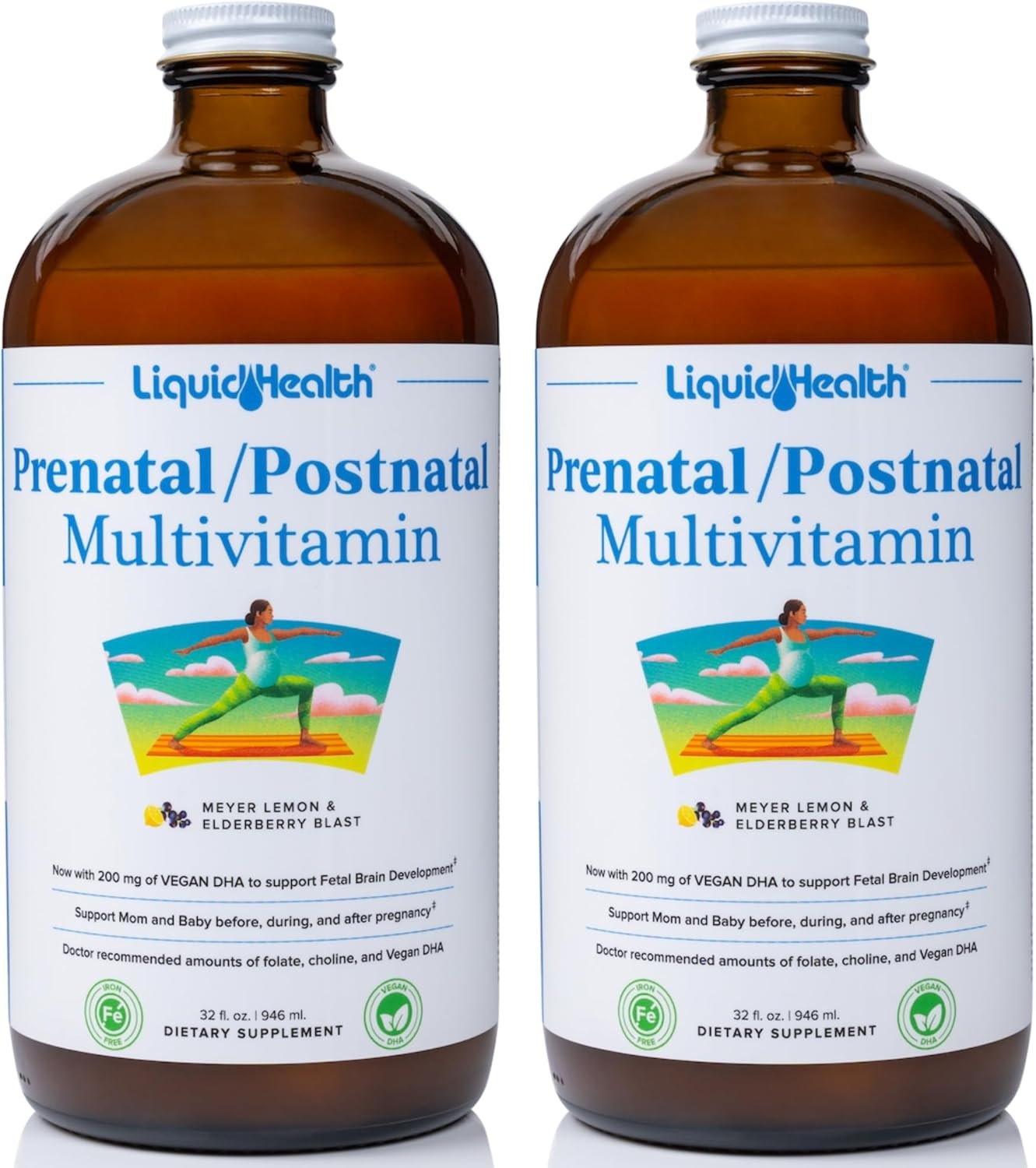 LIQUIDHEALTH Prenatal/Postnatal Multiple Liquid Women’s Multivitamin with Real Folate – Pre & Postnatal Vitamins for Before, During, After Pregnancy – Made in USA, Vegan, Sugar-Free, Non-GMO (2 Pack)