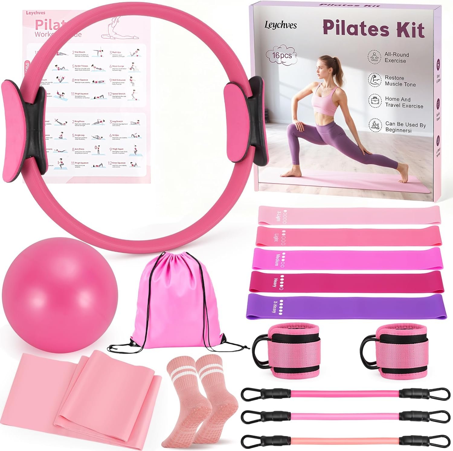 Pilates Essentials Kit for Women, 14-Inch Magic Circle Home Pilates Equipment with Pilates Ring and Ball Set, 5 Resistance Bands & Accessories for Home Workouts Beginners Essentials Starter Set