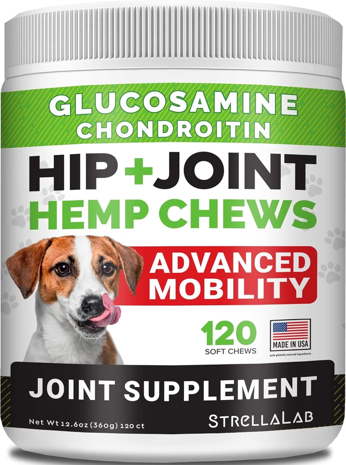 STRELLALAB Hemp Chews for Dogs – Hip & Joint Supplement with Glucosamine – Joint Pain Relief Treats – Omega 3, Chondroitin, MSM – Advanced Mobility Support – Chicken Flavor – 120 Ct – Made in USA