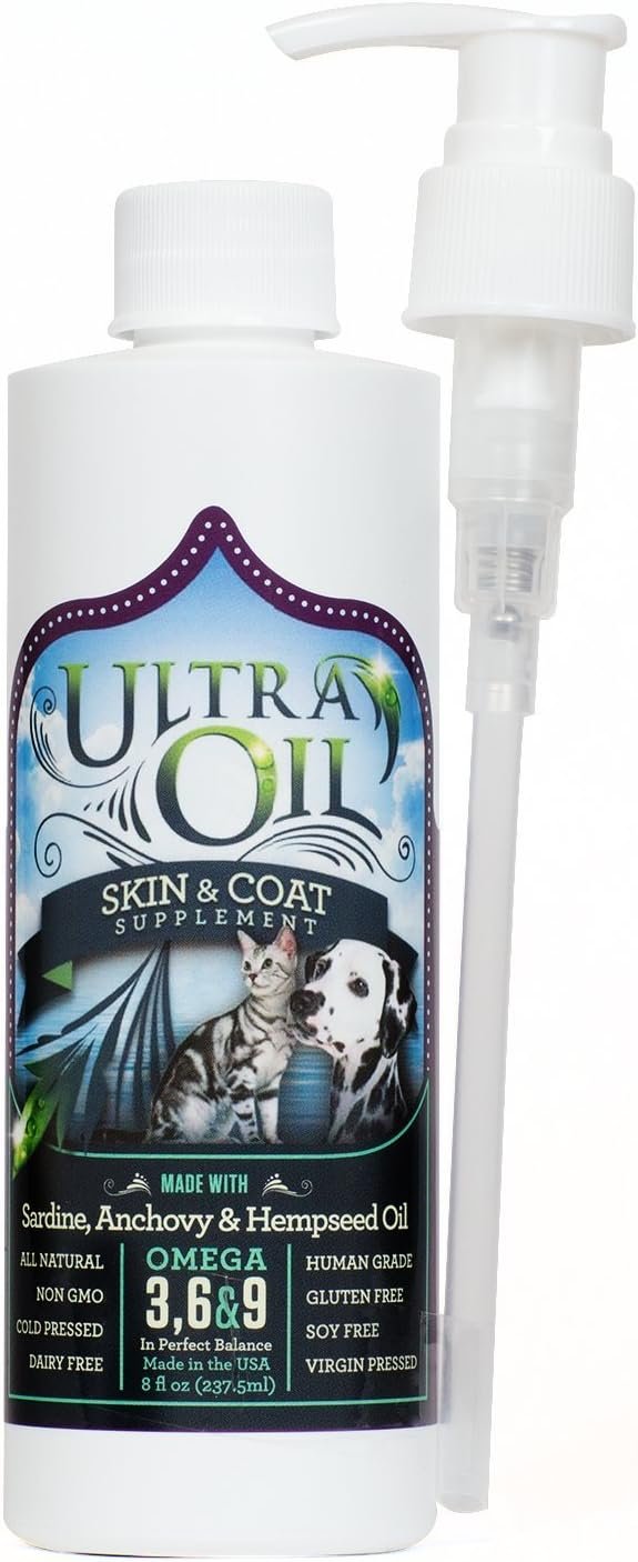 Ultra Oil Skin and Coat Supplement for Dogs & Cats – Hemp Seed Oil, Flaxseed Oil, Grape Seed Oil, Fish Oil for Relief from Dry Itchy Skin, Dandruff, and Allergies (8oz)