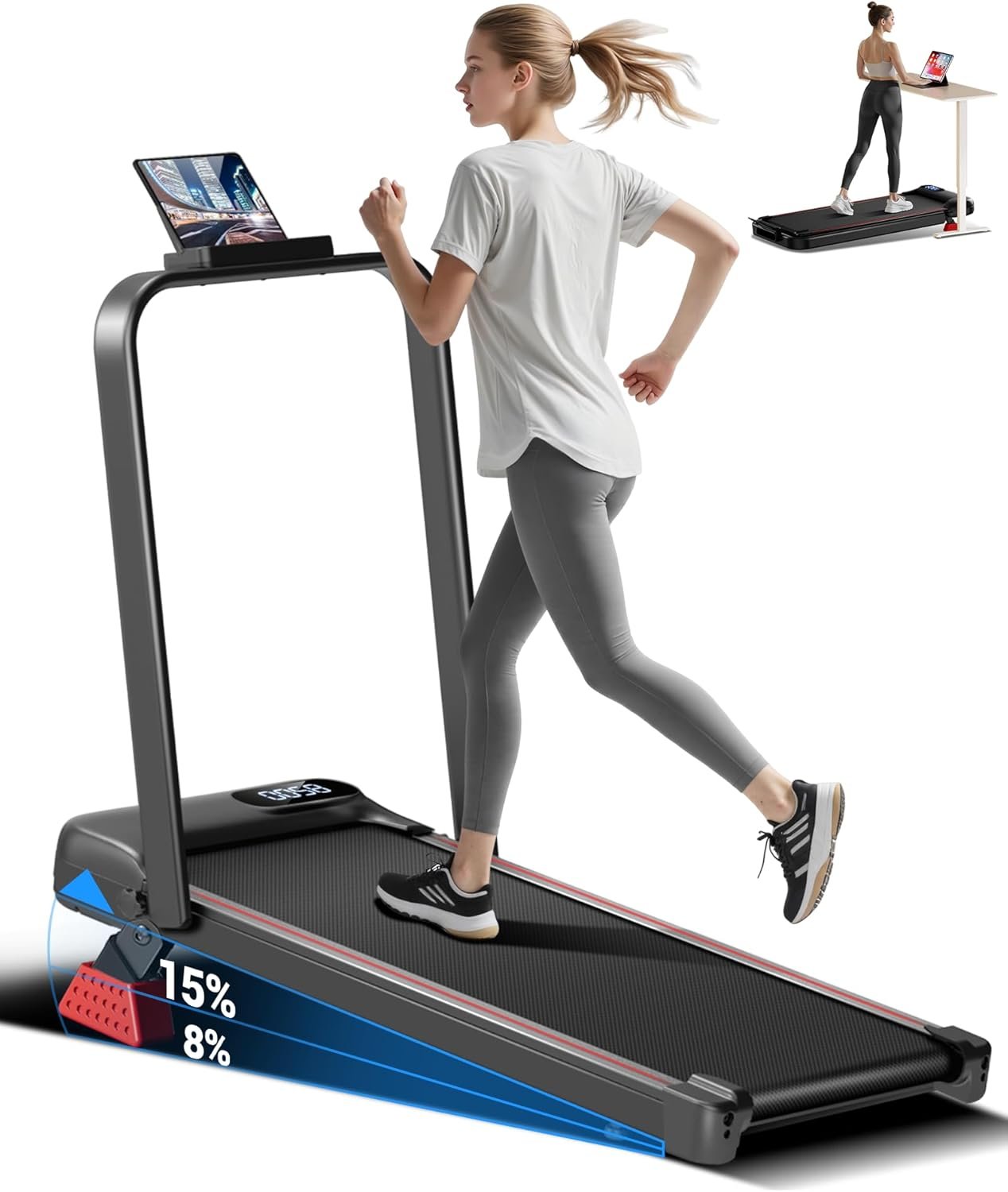 15% Incline Walking Pad Treadmill with Handle Bar – 2.5HP Quiet Folding Treadmill for Home Office Under Desk Portable Walking Pad with 300LBS Capacity