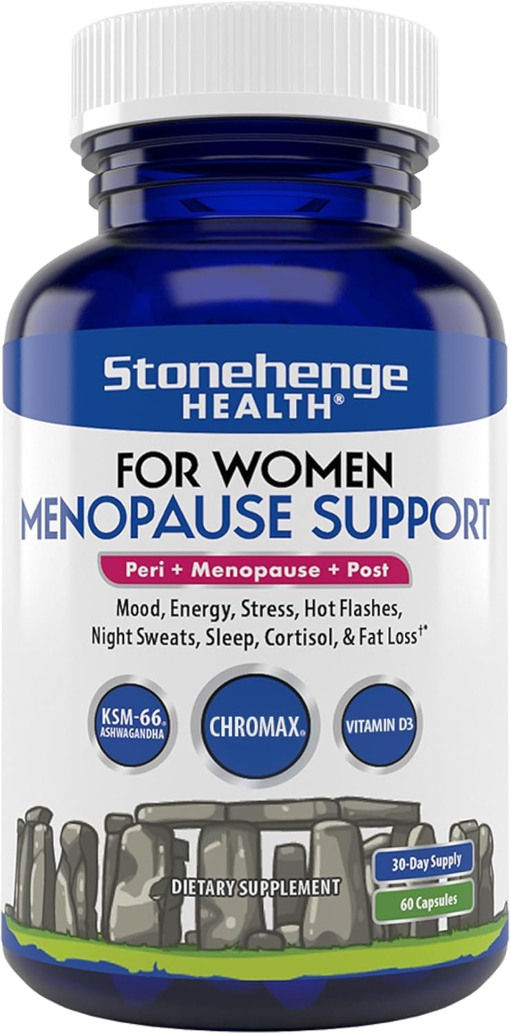 Stonehenge Health for Women Menopause Support for Peri + Menopause + Post – Mood, Energy, Stress, Hot Flashes, Night Sweats, Sleep & Cortisol, Chromax Chromium, Vitamin D3, KSM-66 Ashwagandha Extract