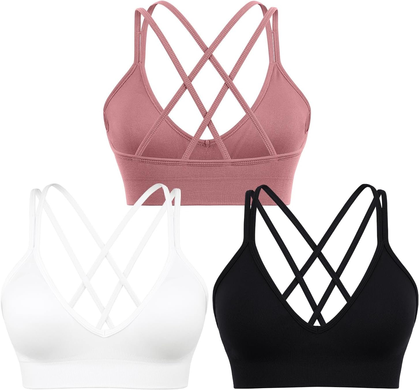 Sports Bra for Women V-Neck Strappy Criss Cross Yoga Bra Padded Medium Support Workout Gym Athletic Fitness Bras 3 Pack