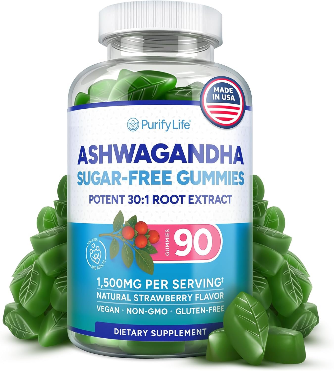 Sugar-Free Ashwagandha Gummies for Stress, Sleep & Mood Support – High-Potency 30:1 Ashwagandha Supplement Extract – Vegan Adaptogen Supplement for Women & Men, Natural Flavor, Plant-Based, 90 Gummies
