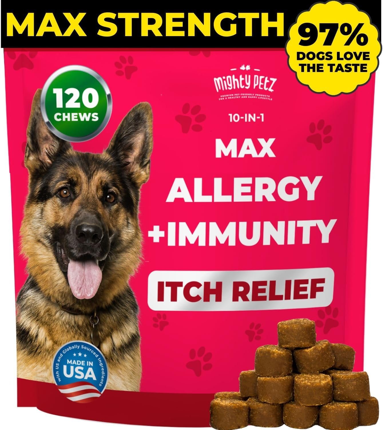 Mighty Petz MAX Dog Allergy Relief Chews – Itch Relief with Colostrum, Probiotics & Immune Support for Seasonal Allergies & Itchy Skin