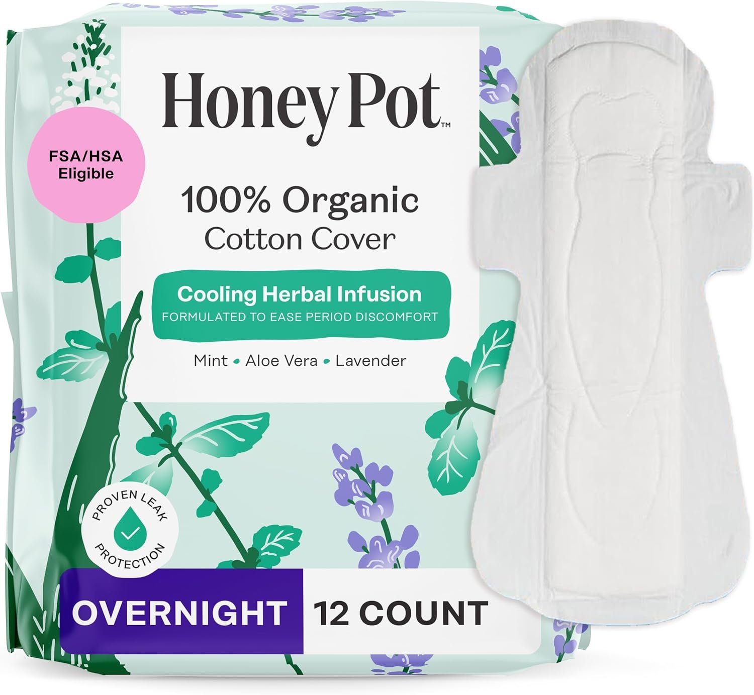 The Honey Pot Company – Herbal Pads for Women – Overnight w/Wings – Infused w/Essential Oils for Cooling Effect & Organic Cotton Cover – Feminine Care – 12 ct