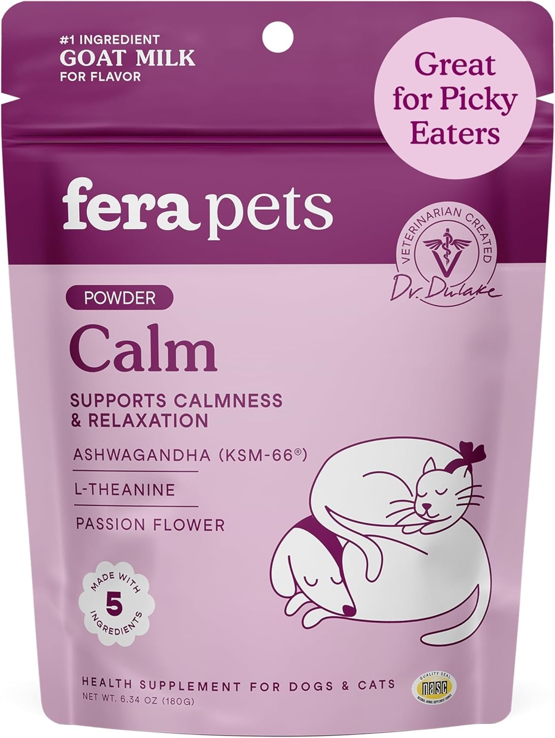 Fera Pets Goat Milk – Calming Supplement for Dogs & Cats – Ashwagandha, L-Theanine, & Passion Flower – Supports Anxiety Relief & Relaxation – for Picky Eaters – 60 TSP