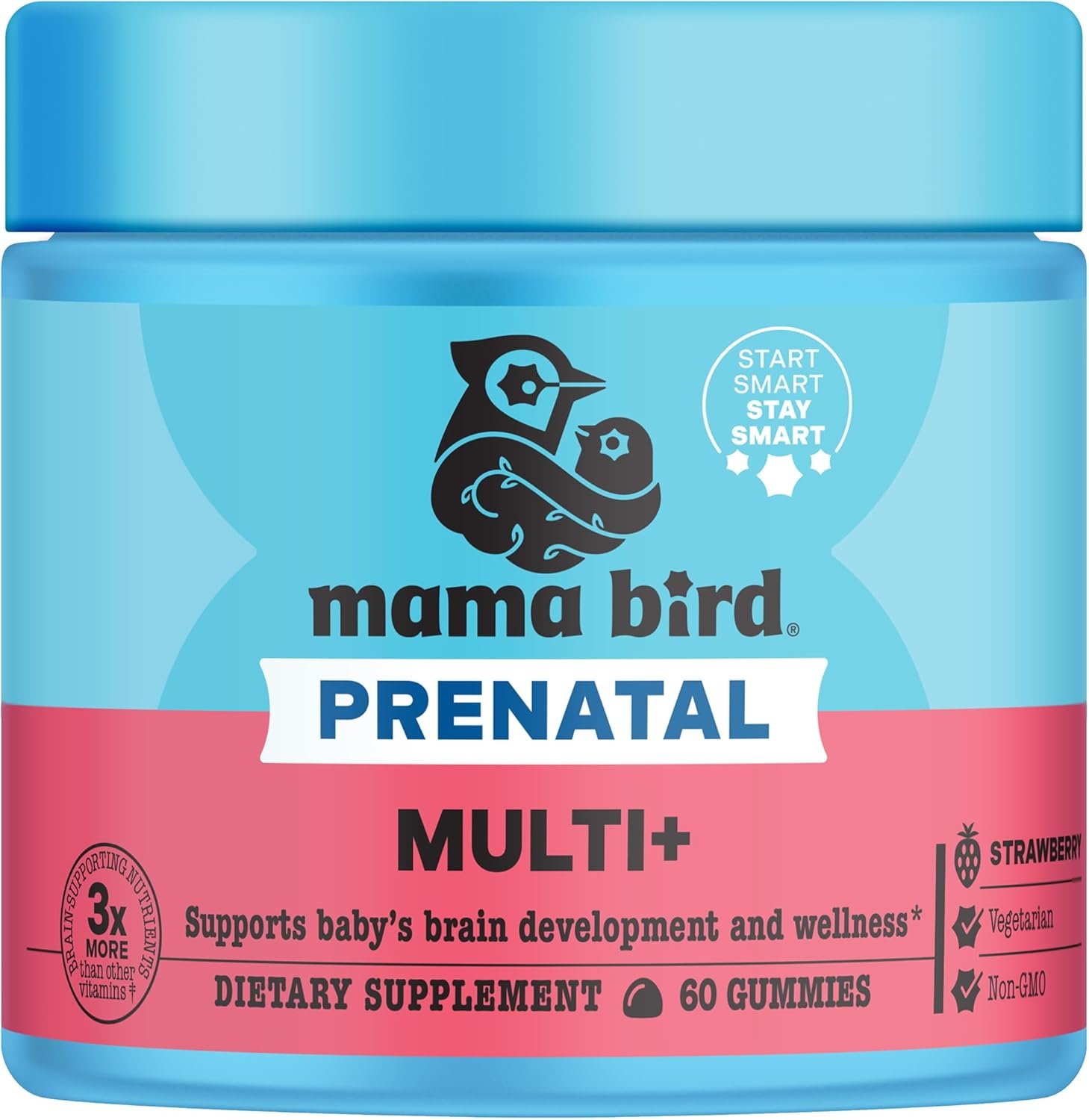 Best Nest Wellness Mama Bird Prenatal Multi Plus – Prenatal Care Supplement Supports Brain & Digestive Health – Vegan Multivitamin with Methylfolate & More – Strawberry, 60 Gummies (30 Servings)
