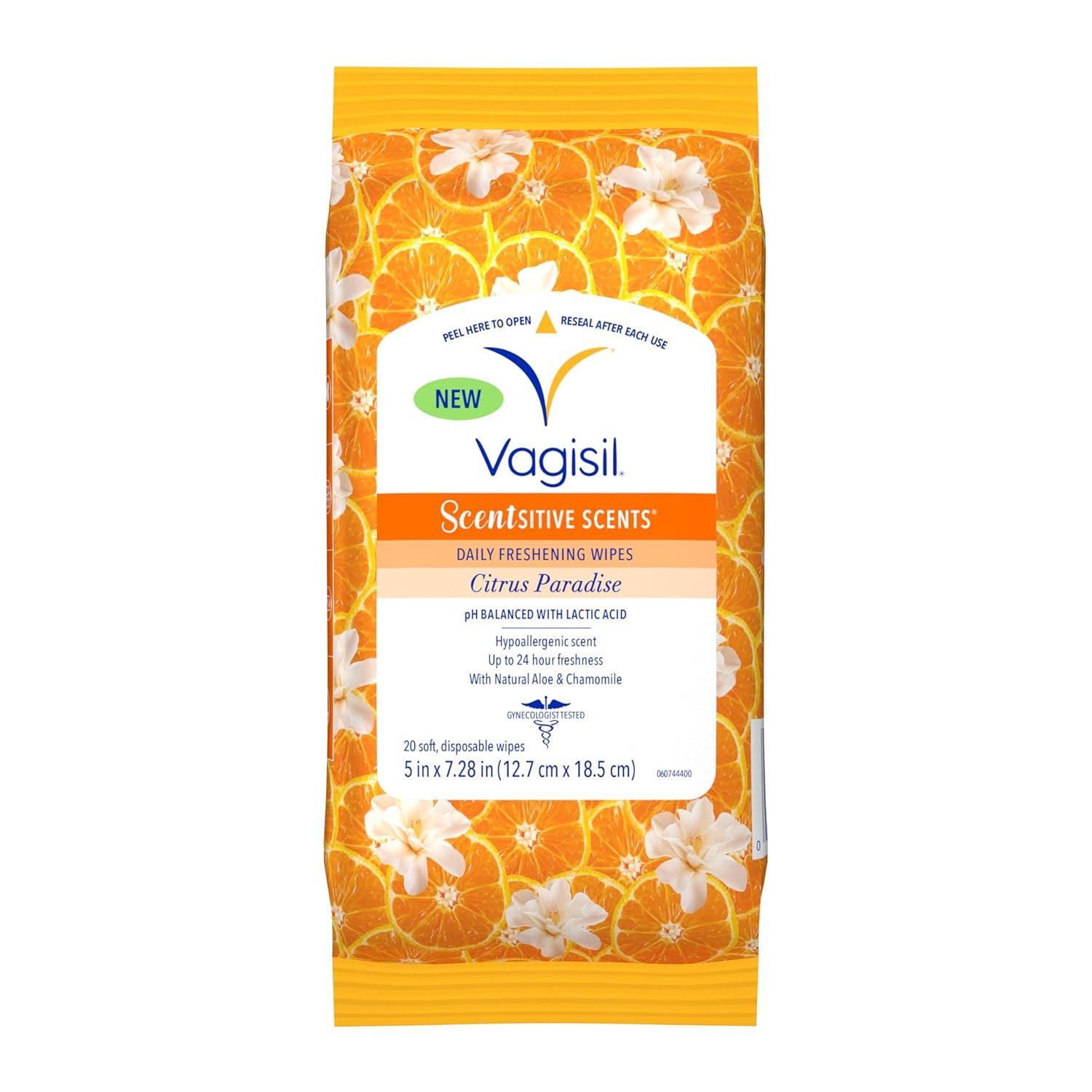Vagisil Scentsitive Scents Daily Feminine Intimate Wipes for Women, Gynecologist Tested, Citrus Paradise, 20 Wipes in Resealable Pouch (Pack of 1)