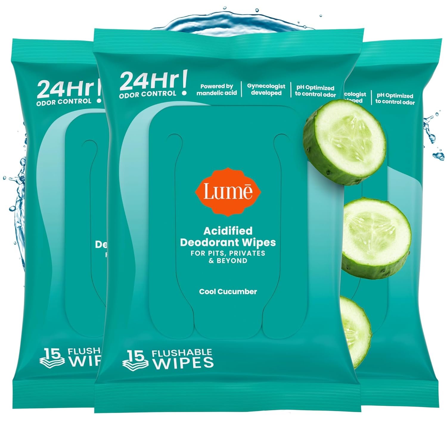 Lume Acidified Deodorant Wipes – 24 Hour Odor Control – Aluminum Free, Baking Soda Free, Skin Loving – Flushable – 15 Count (Pack of 3) (Cool Cucumber)