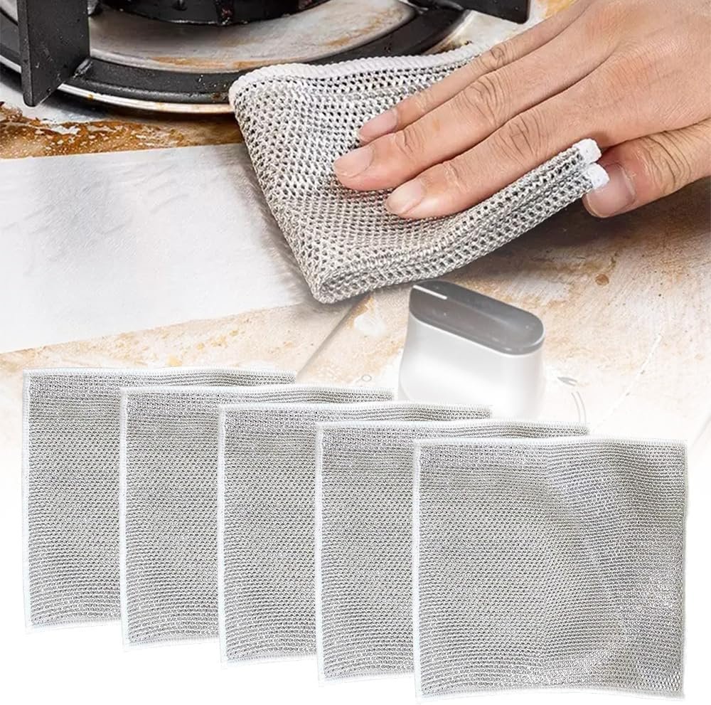 Multipurpose Wire Dishwashing Rags for Wet and Dry, 2025 Upgrade Non Scratch Metal Wire Dishcloth, Reusable Premium Metal Scrubbing Pads Sponge Clean for Home Kitchen Stove Tops (5Pcs)