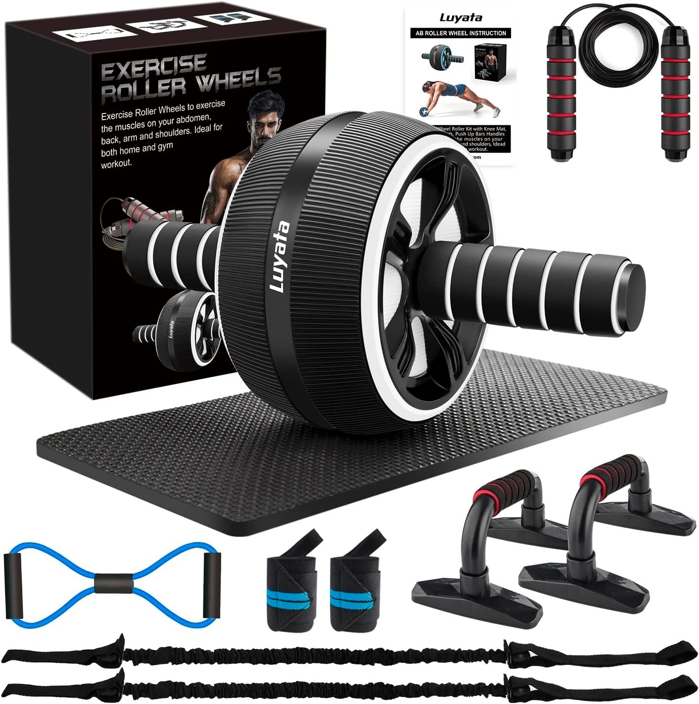 Ab Roller Wheel, 10-In-1 Ab Exercise Wheels Kit with Resistance Bands, Knee Mat, Jump Rope, Push-Up Bar – Home Gym Equipment for Men Women Core Strength & Abdominal Exercise