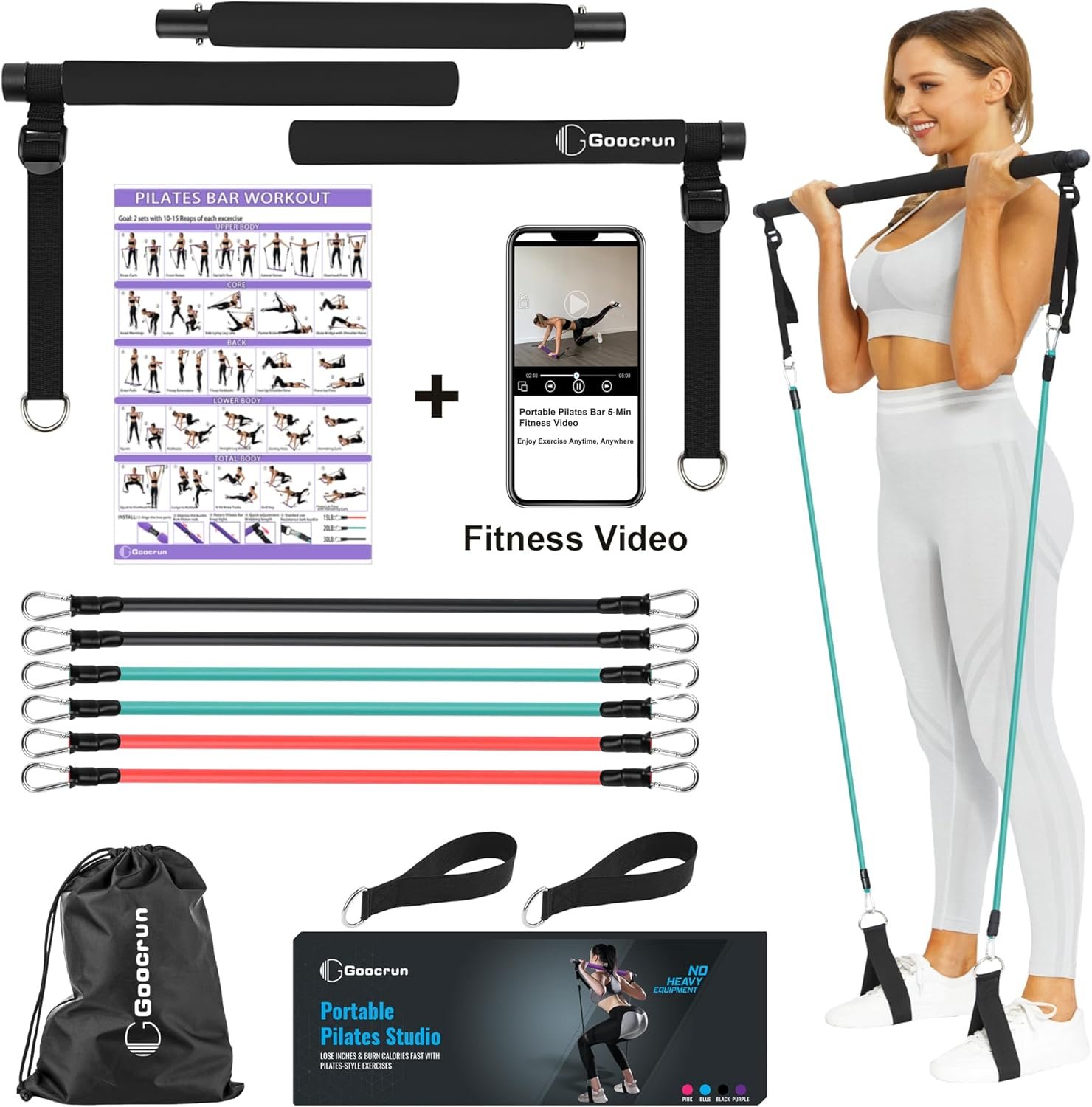 Portable Pilates Bar Kit with Resistance Bands for Men and Women – 3 Set Exercise Resistance Bands – Multifunctional Home Gym – Supports Full-Body Workouts – with Fitness Poster and Video