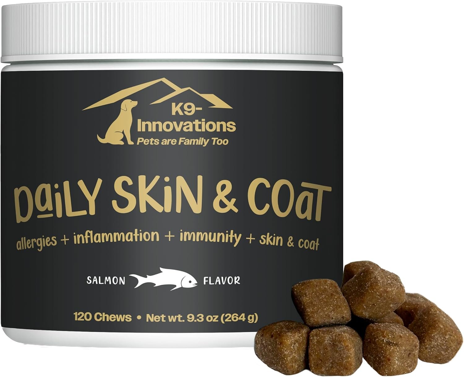 K9-Innovations – Daily Skin & Coat Dog Chews Salmon Flavor – Reduce Itching & Paw Chewing, Omega 3 & VIT C for Skin Health – 1-4 Month Supply (120qty)