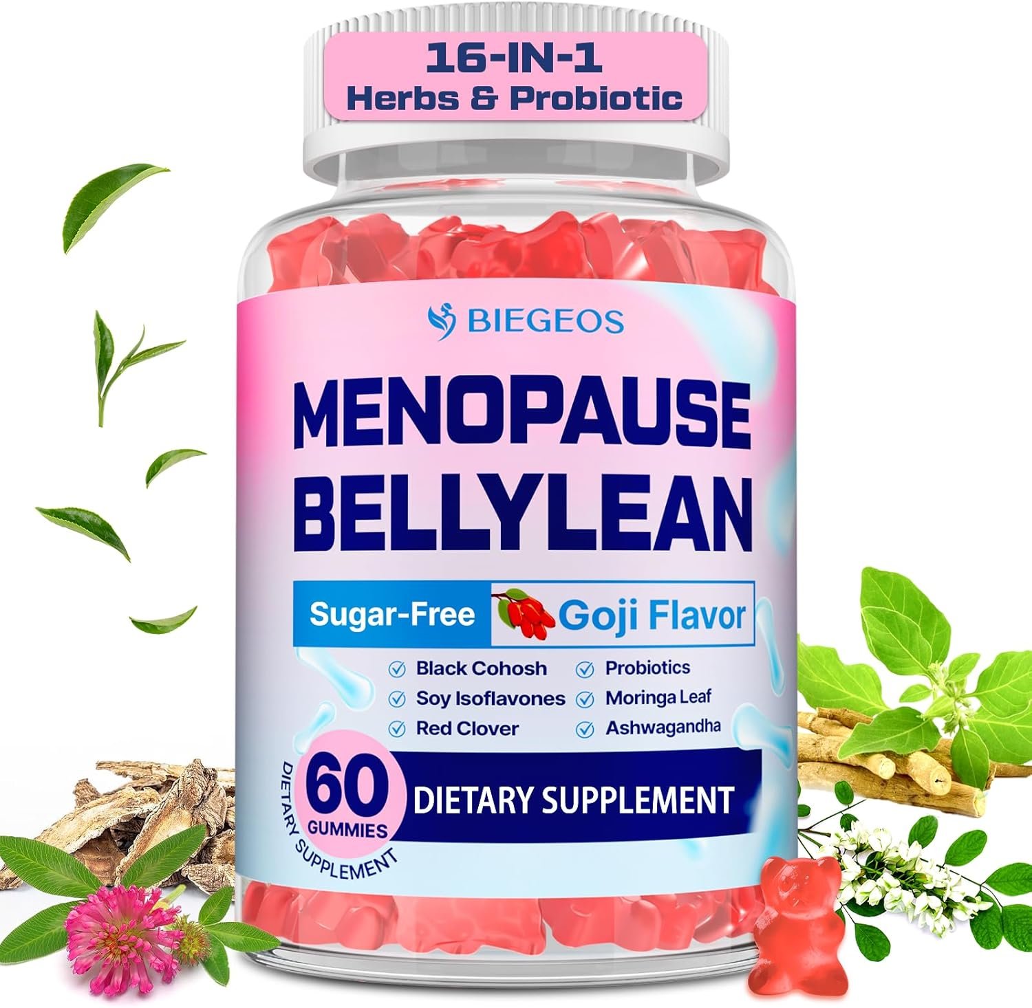 Menopause Supplements for Women Gummies, 16-in-1 Probiotic, Black Cohosh & Ashwagandha for Menopause Relief, Hot Flashes, Hormone Harmony, Mood Swings, Belly Burner* & Gut, Sugar-Free – 60 Gummies