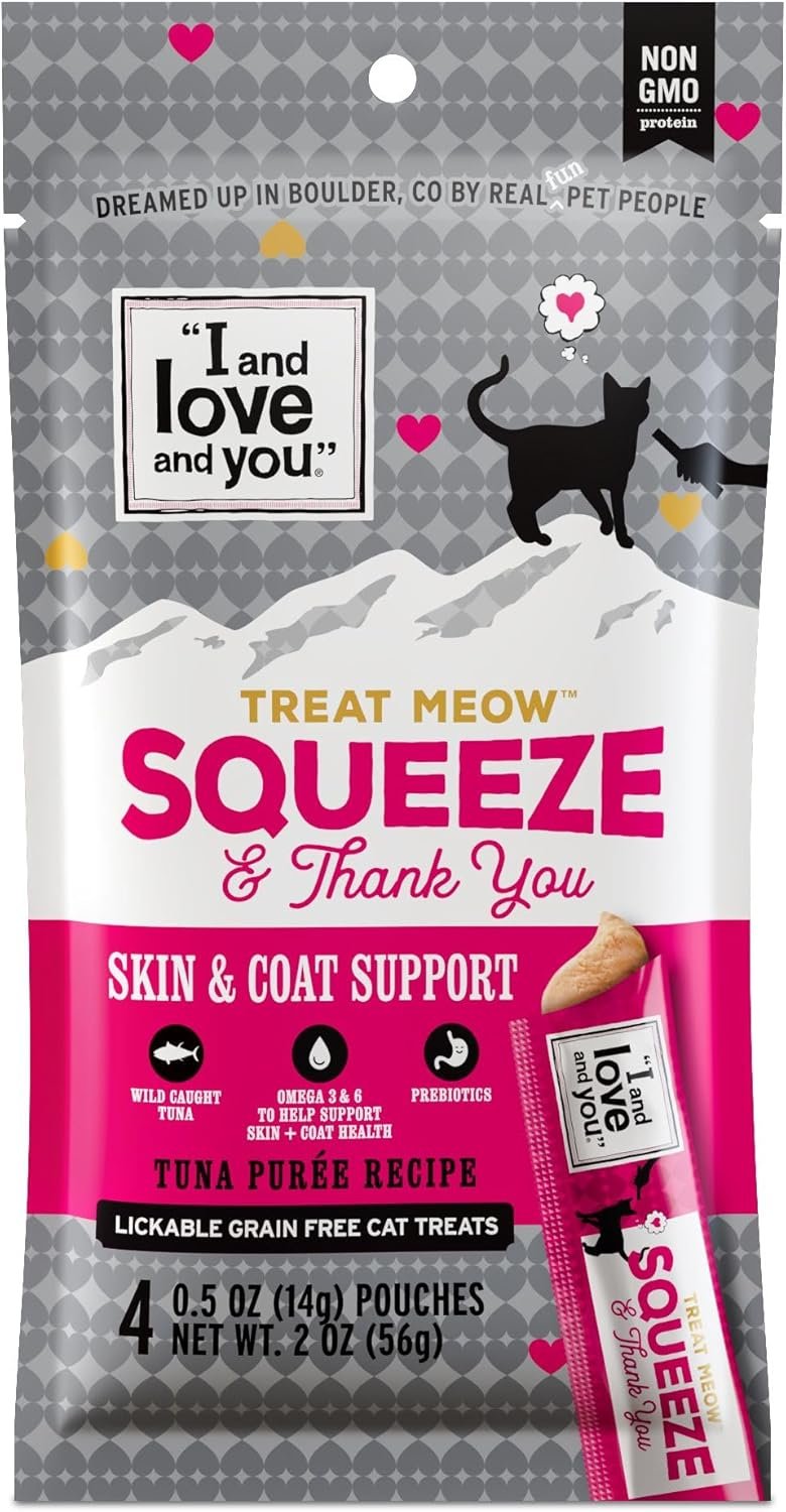 I AND LOVE AND YOU Treat Meow Lickable Cat Treats – Tuna Puree – Skin and Coat Support, Squeeze Treat, Omega 3s, 0.5oz, 12 Count