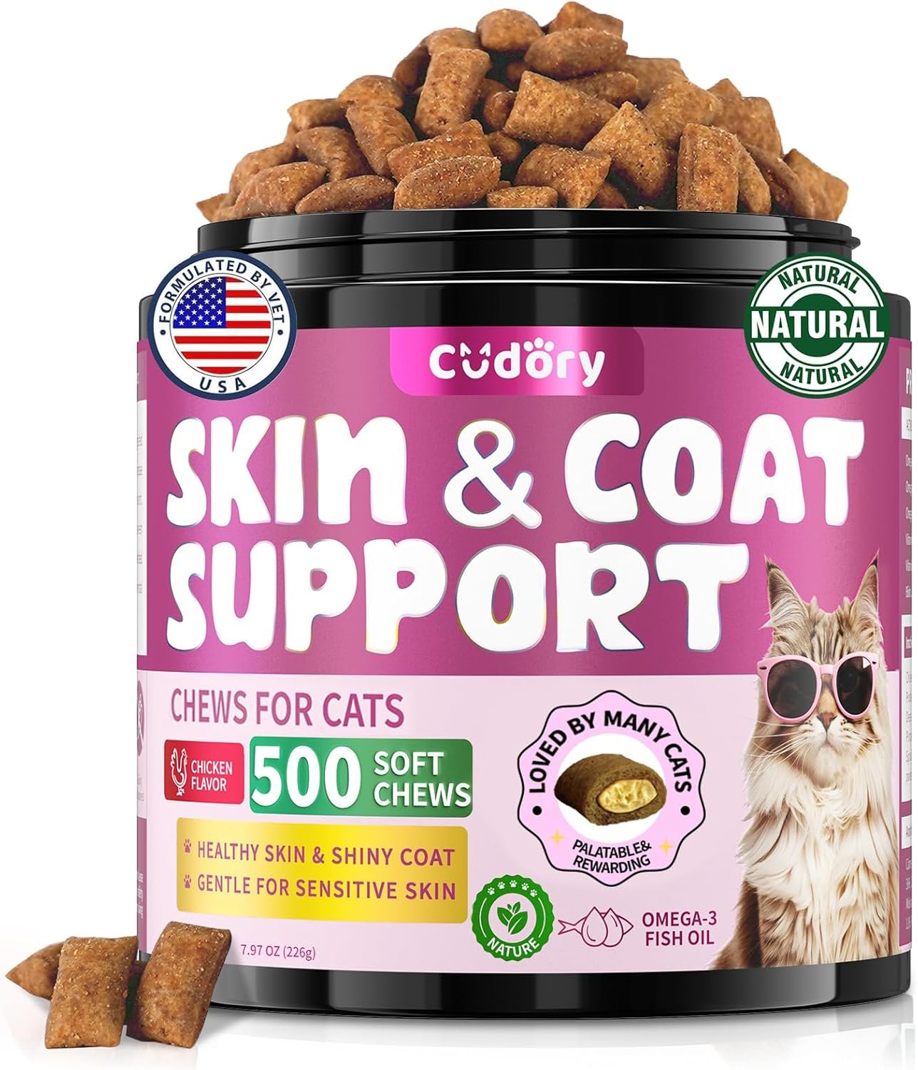 Omega 3 for Cats – 500 Skin & Coat Health Crunchy & Creamy Chews with Omega 3, Biotin & Vitamin E for Healthy Skin, Shiny Fur, Cat Supplements & Vitamins -Chicken Flavor