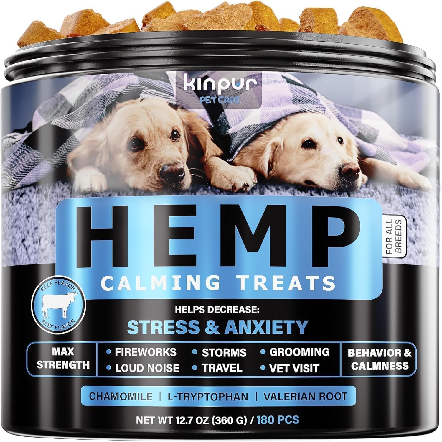 Kinpur Pet Care Relaxing Dog Calming Chews with Hemp Oil, Valerian Root, and Vitamin B – Natural Stress and Anxiety Relief for Dogs – 180 Beef-Flavored Calming Treats for All Breeds